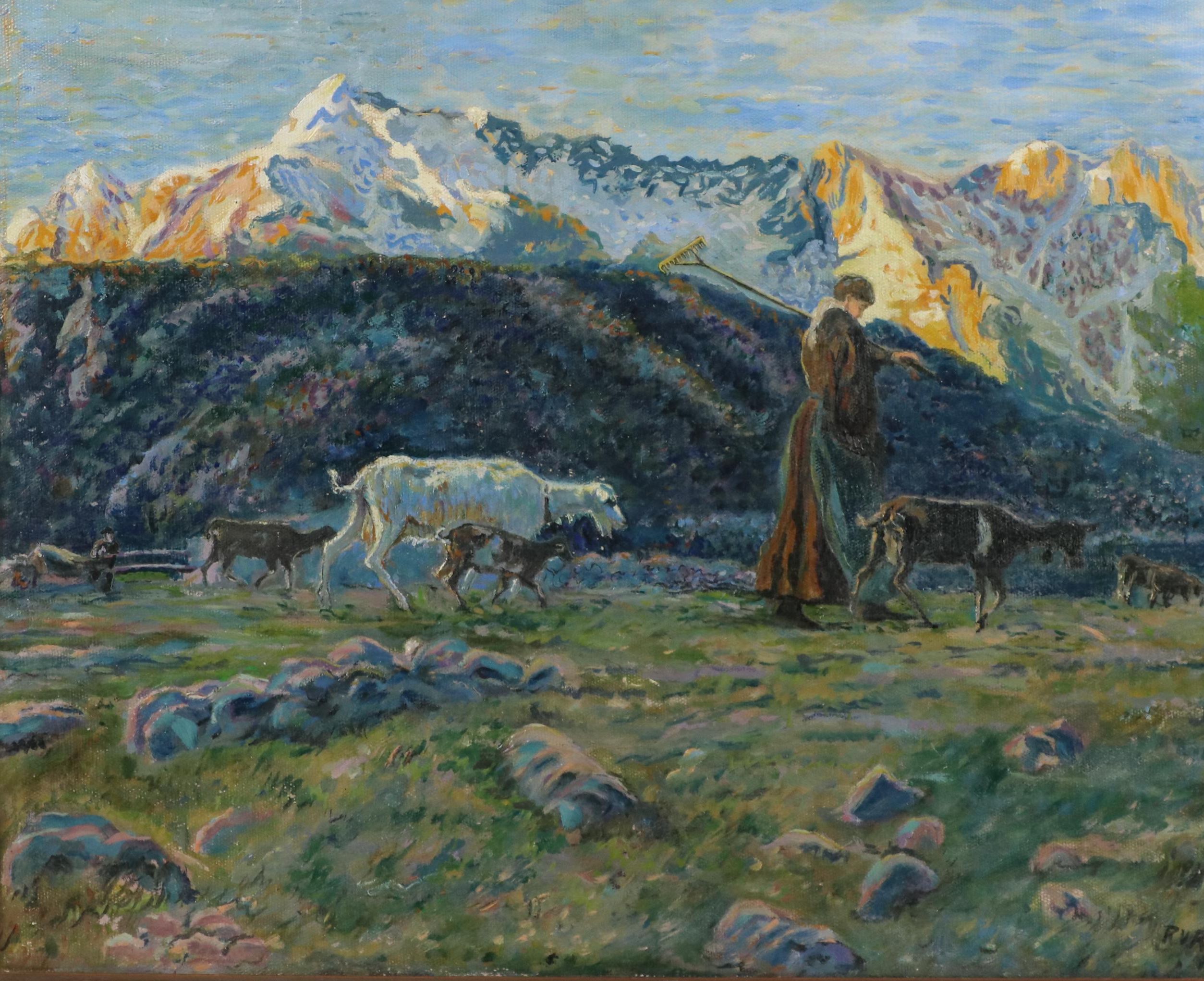 Rena Victoria Rockwell Oil Painting of Alpine Pastoral Landscape, 1930