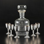Krosno Split-Bottom Decanter With Six Mexico Sterling Silver Cordials