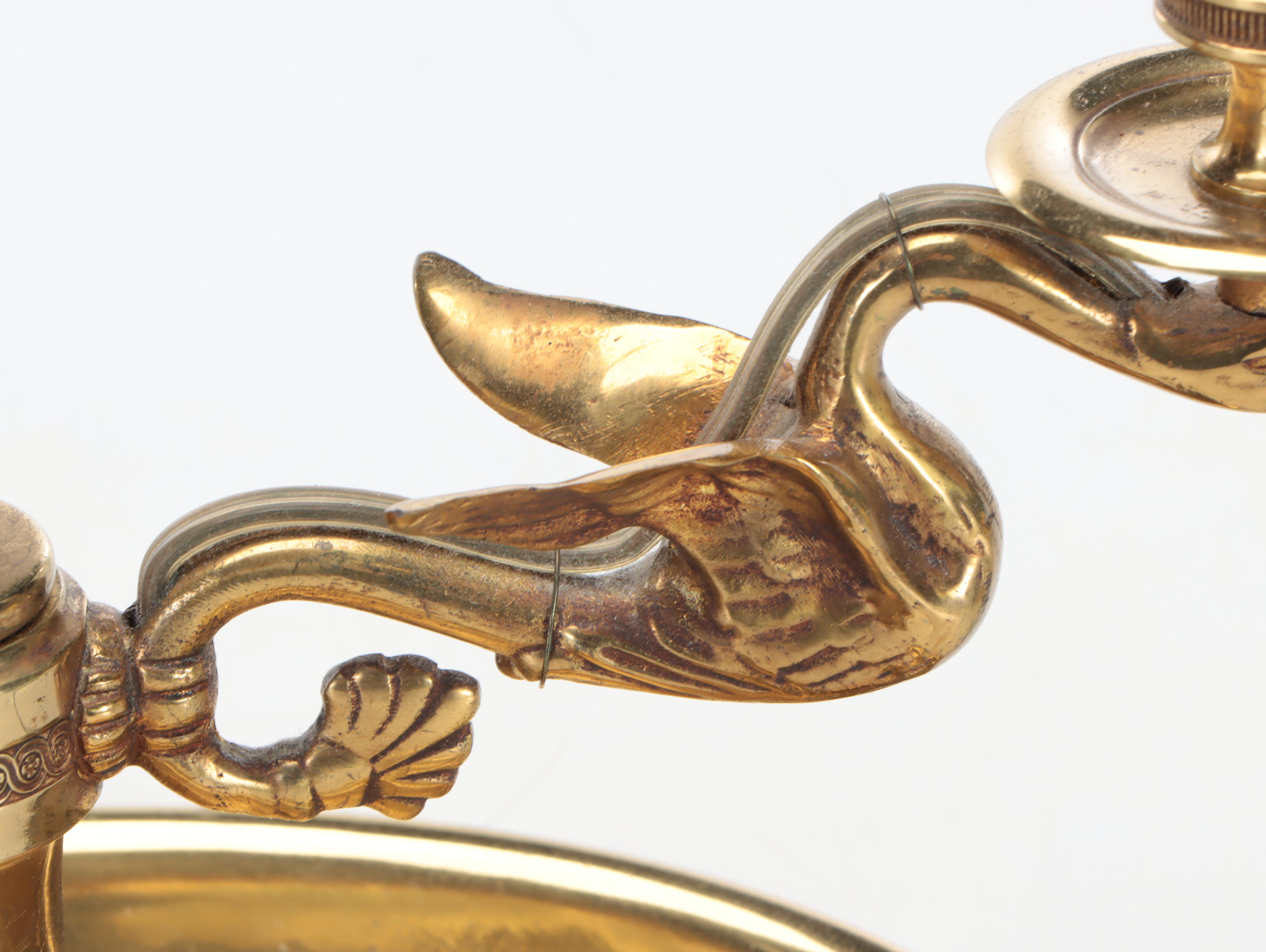 Brass Swan Body Bouillotte Style Table Lamp With Toleware Shade, Mid-20th C