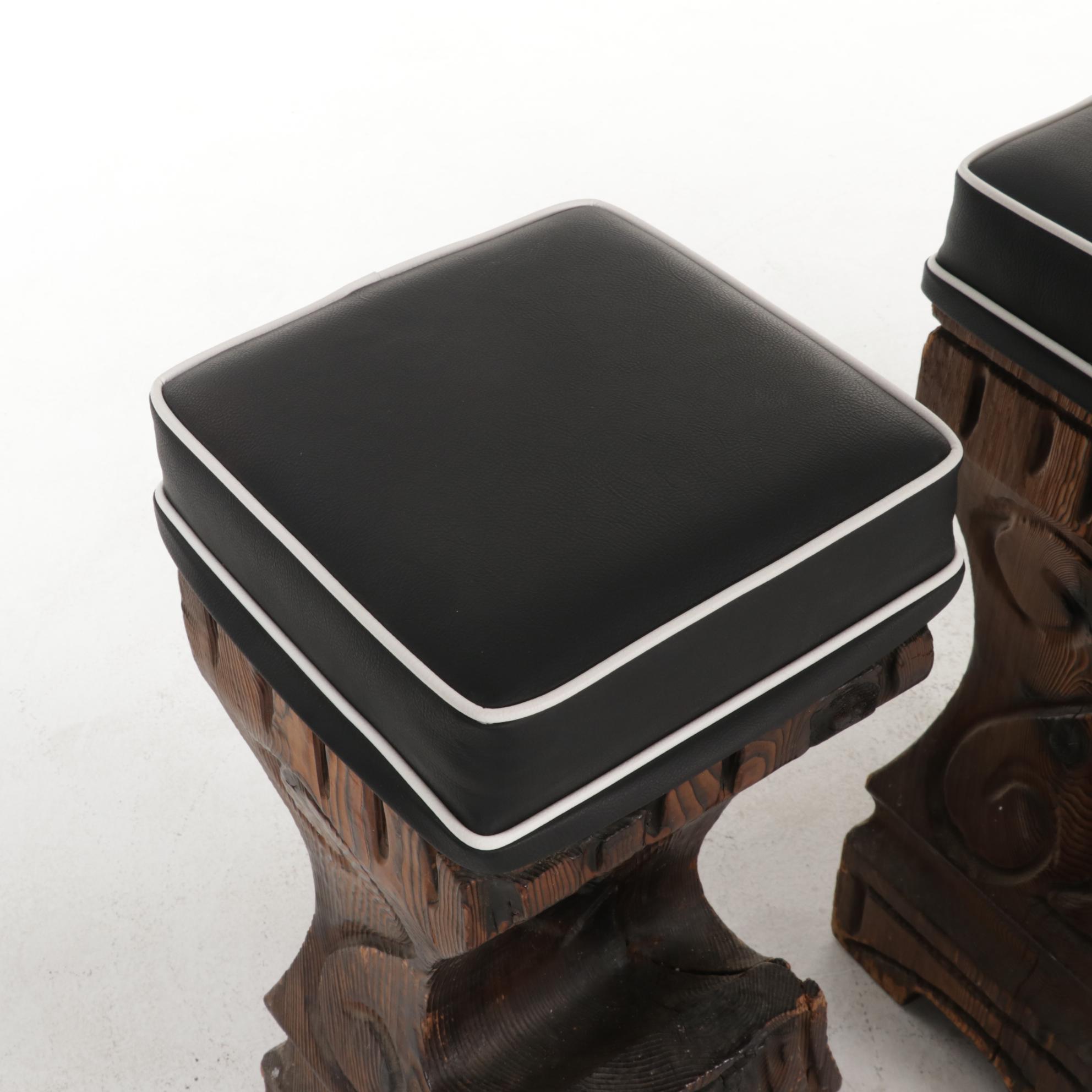 Three Witco Tiki-Style Red Cedar and Vinyl Cushion Top Bar Stools, 1970s