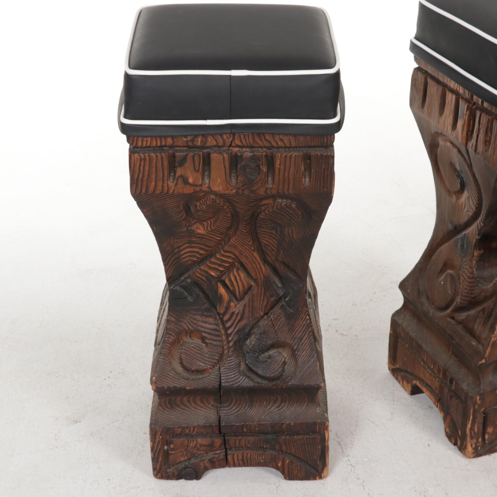 Three Witco Tiki-Style Red Cedar and Vinyl Cushion Top Bar Stools, 1970s