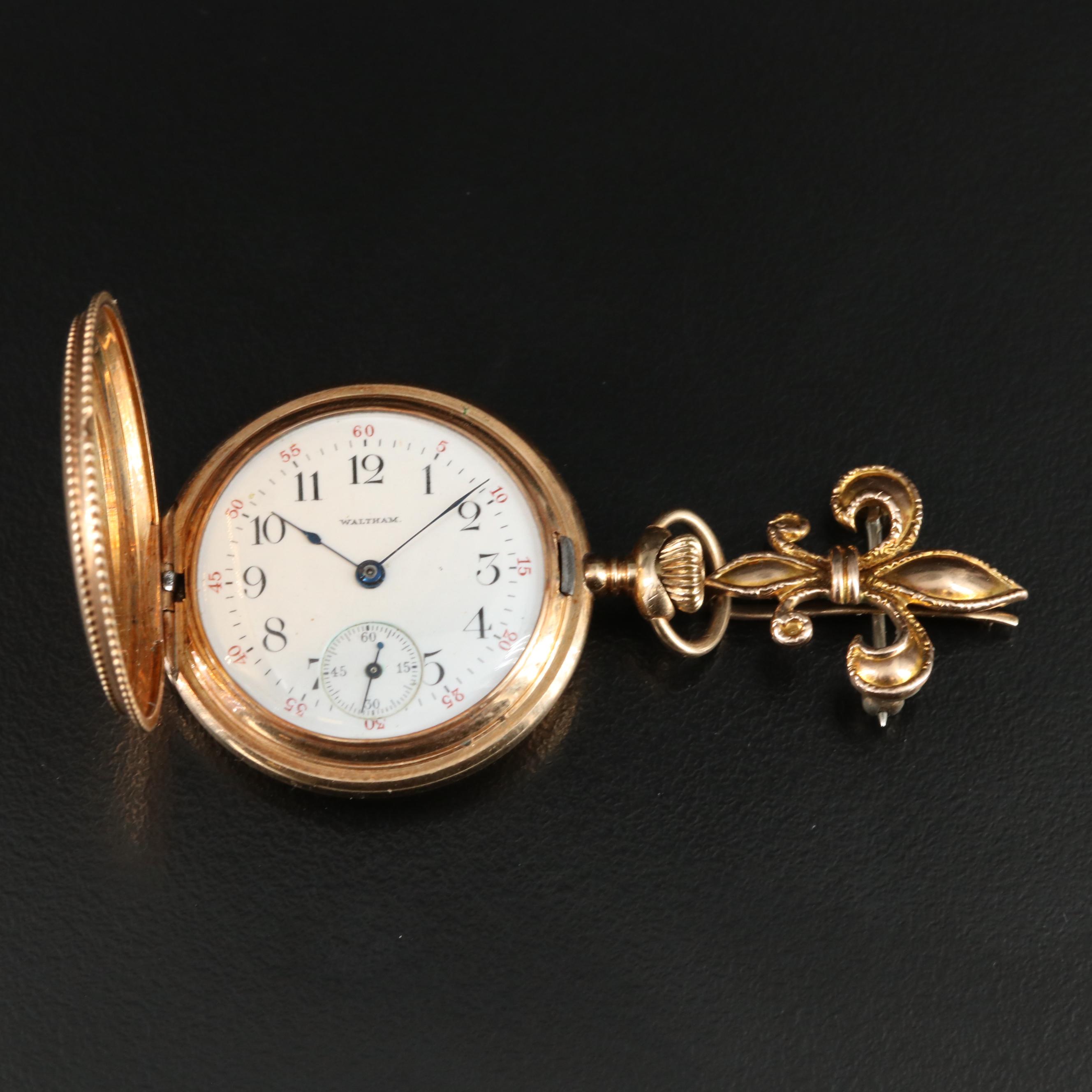 1900 14K Waltham Hunting Case Pocket Watch with Fleur de Lis Pin