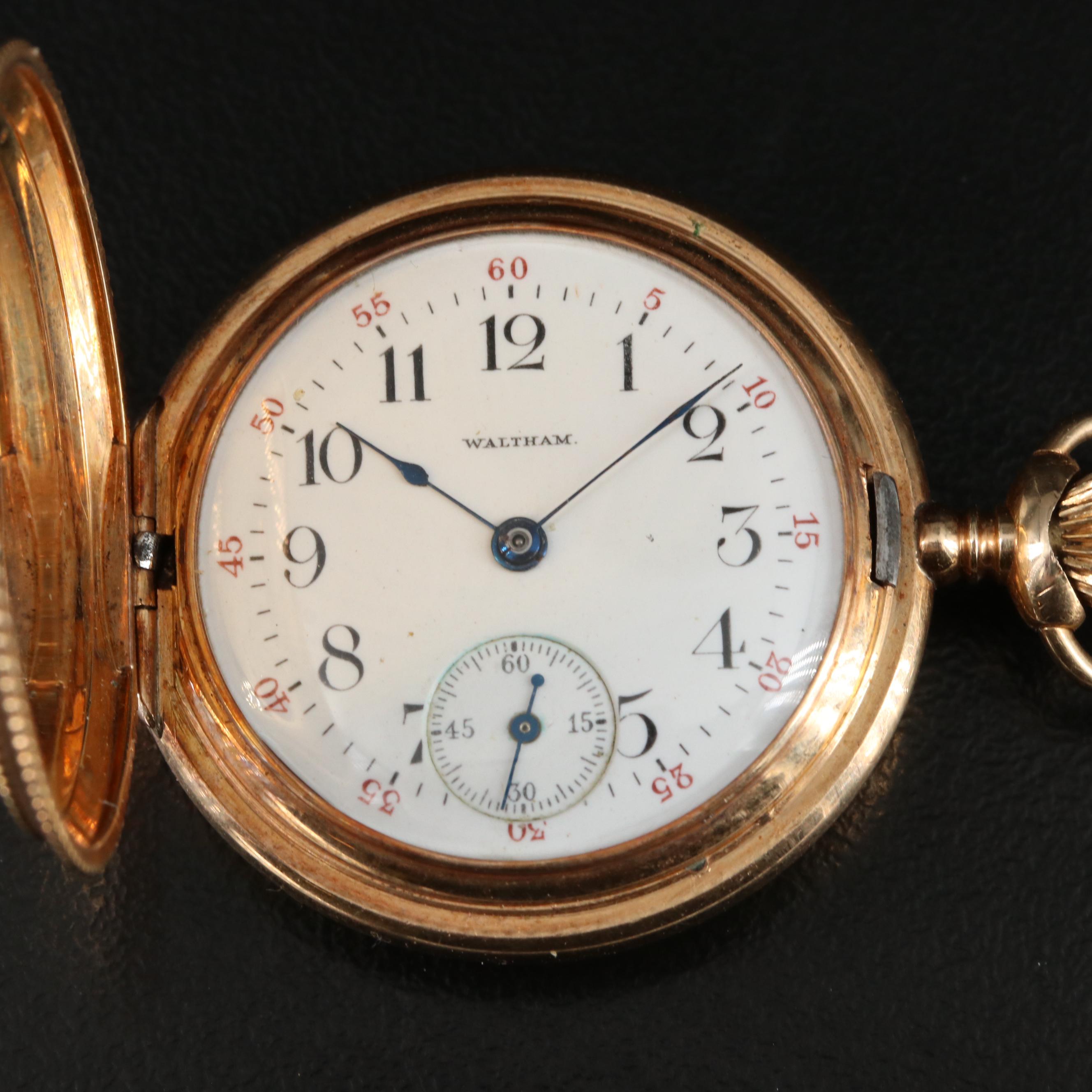 1900 14K Waltham Hunting Case Pocket Watch with Fleur de Lis Pin