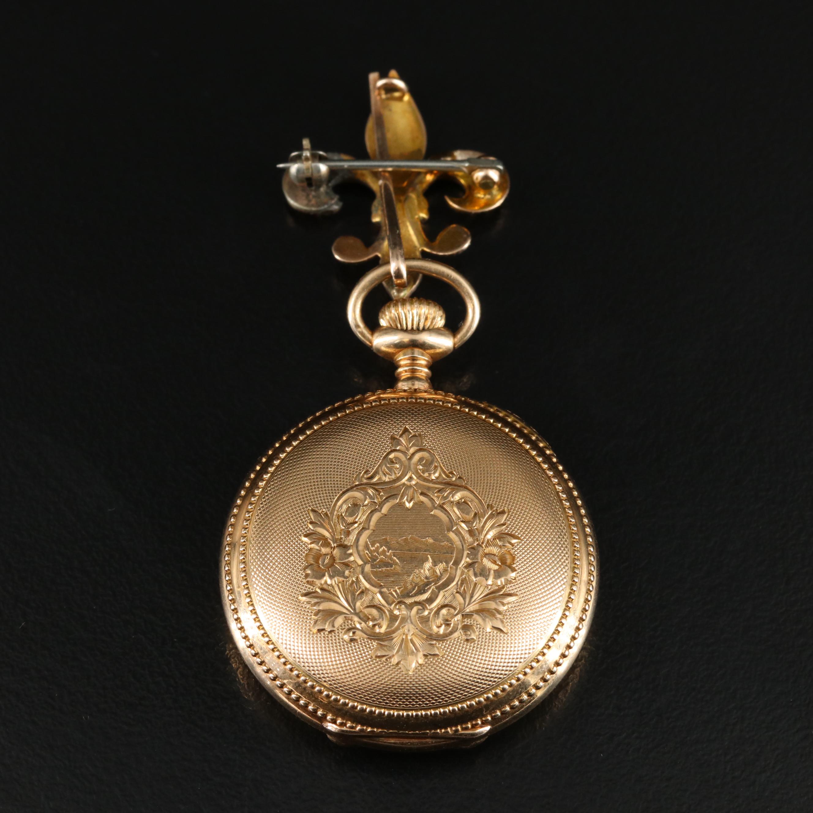 1900 14K Waltham Hunting Case Pocket Watch with Fleur de Lis Pin