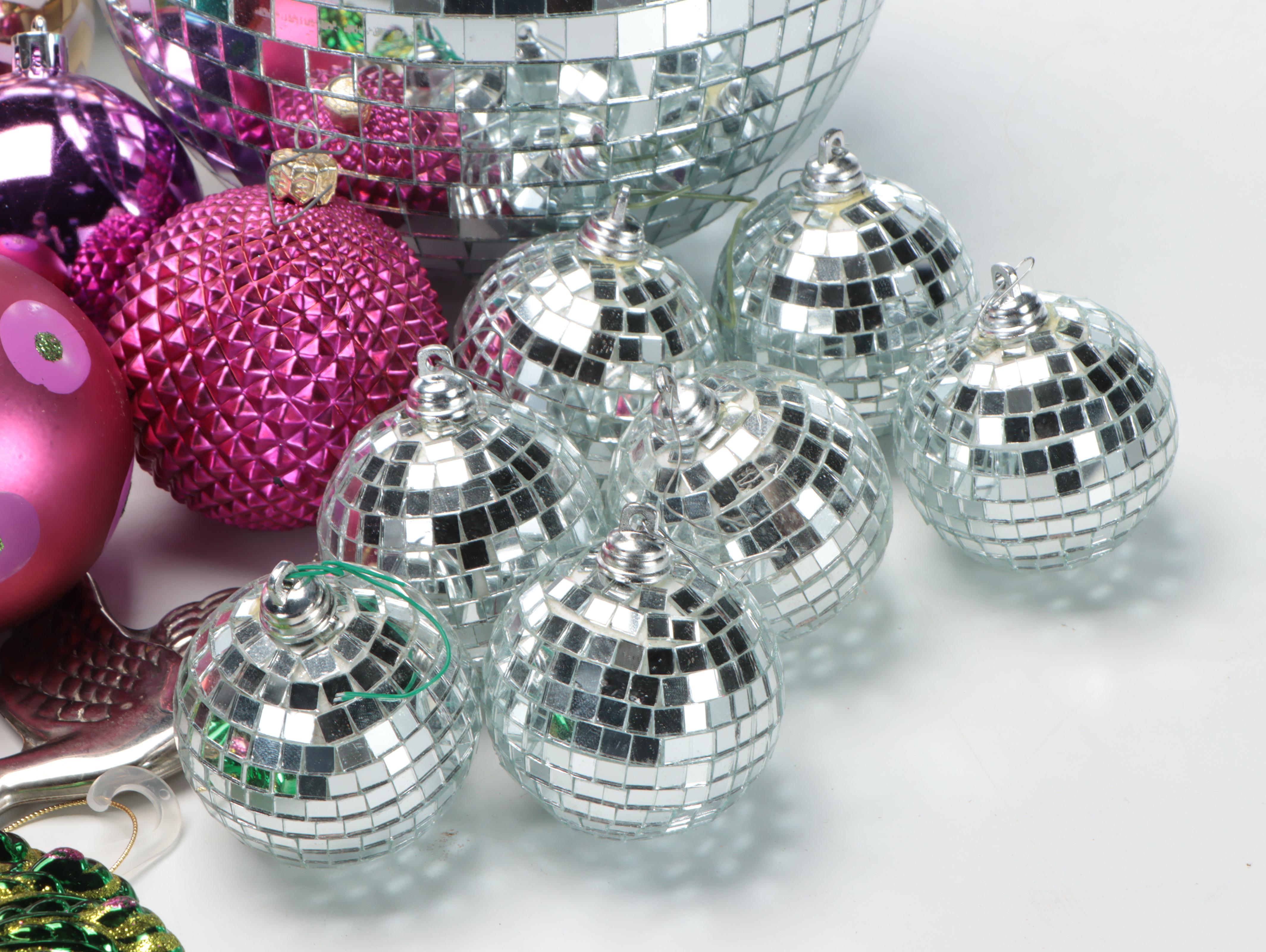 Reflective Mirrored Disco Balls with Bird Motif Silver Plate Ornaments and More