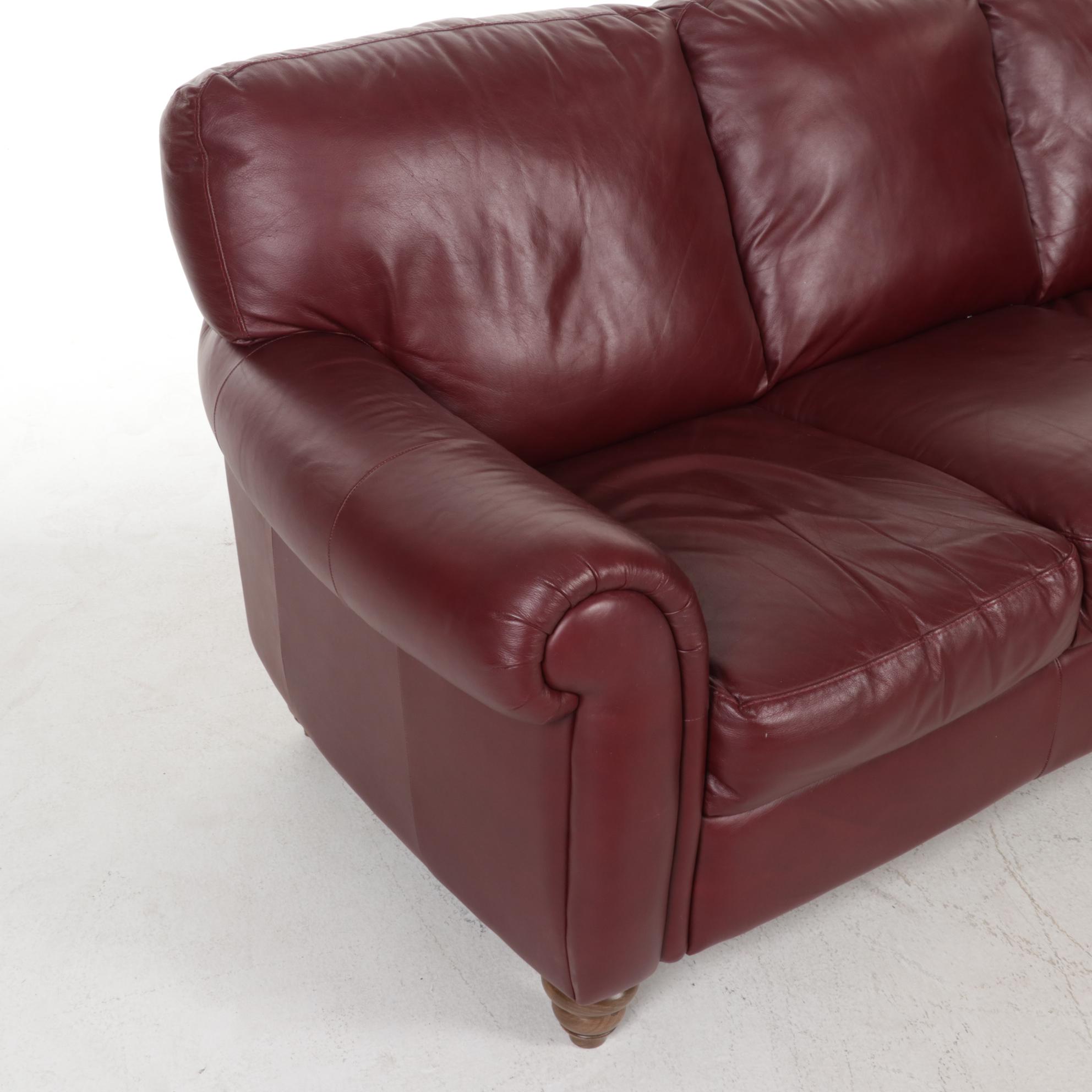 Italsofa Brazilian Burgundy Leather Three-Seat Roll-Arm Sofa
