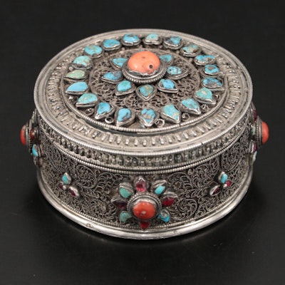 Tibetan Silver Filigree Box with Inlaid Ruby and Other Gemstones