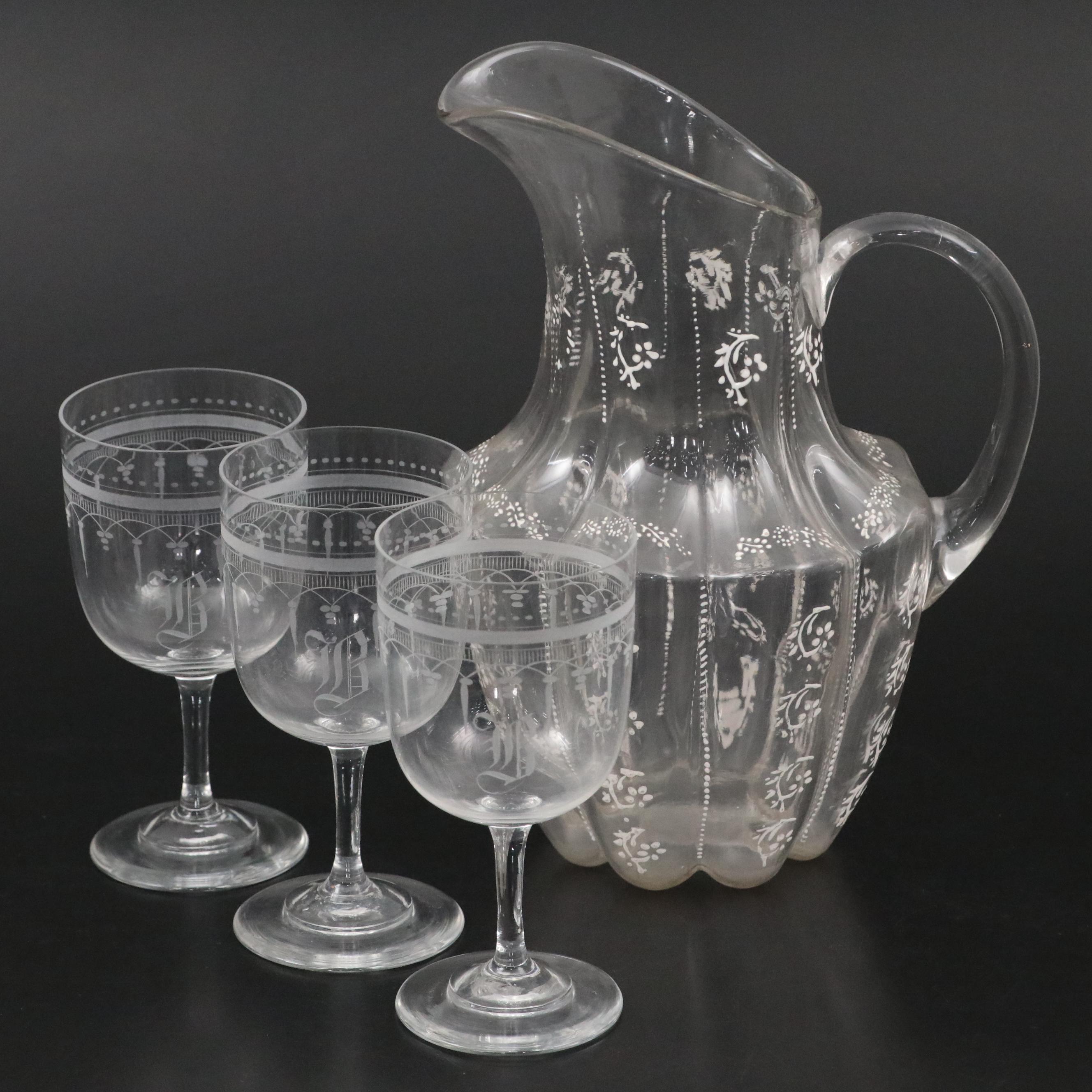 Victorian Mold Blown and Hand-Painted Glass Pitcher with Etched Glass Goblets