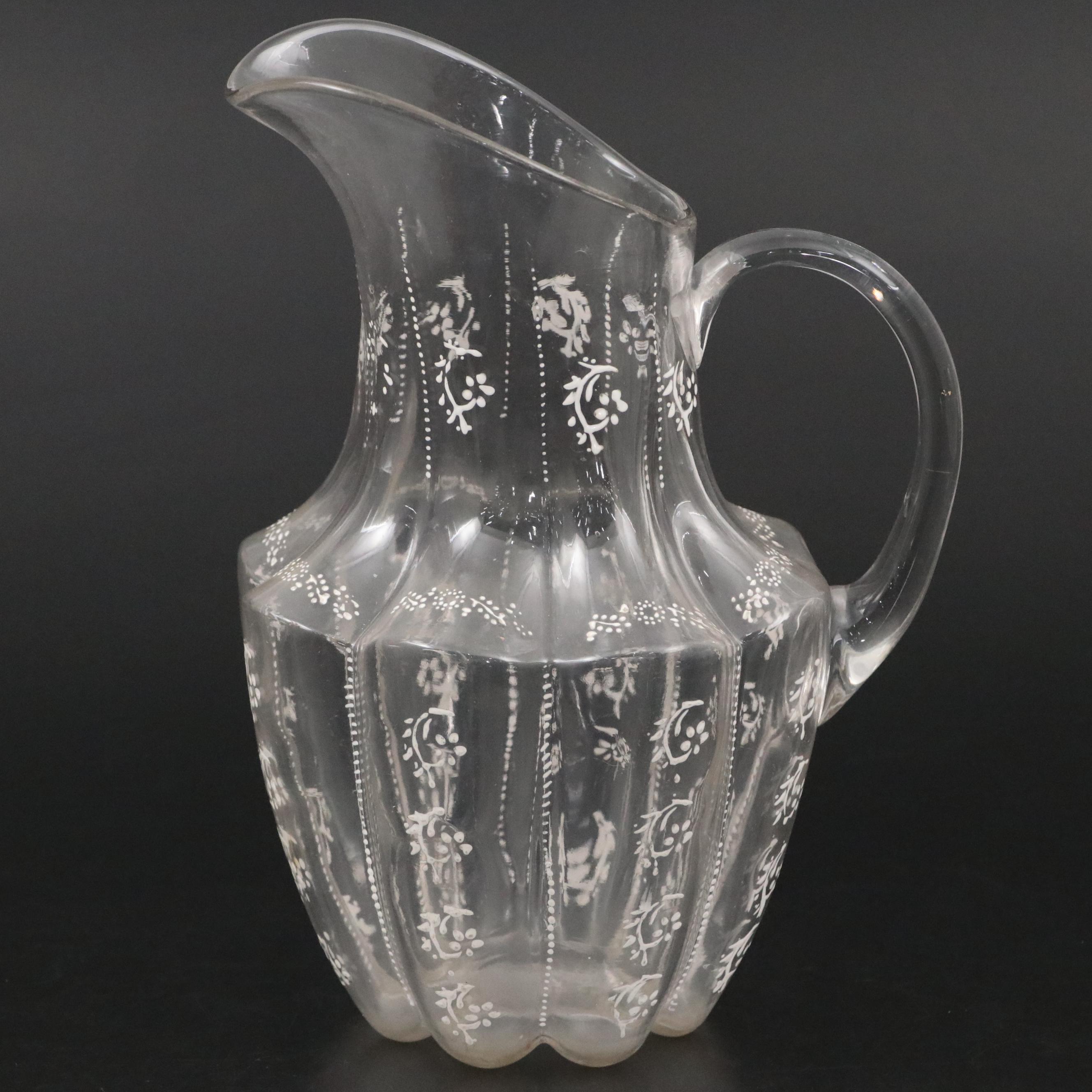 Victorian Mold Blown and Hand-Painted Glass Pitcher with Etched Glass Goblets