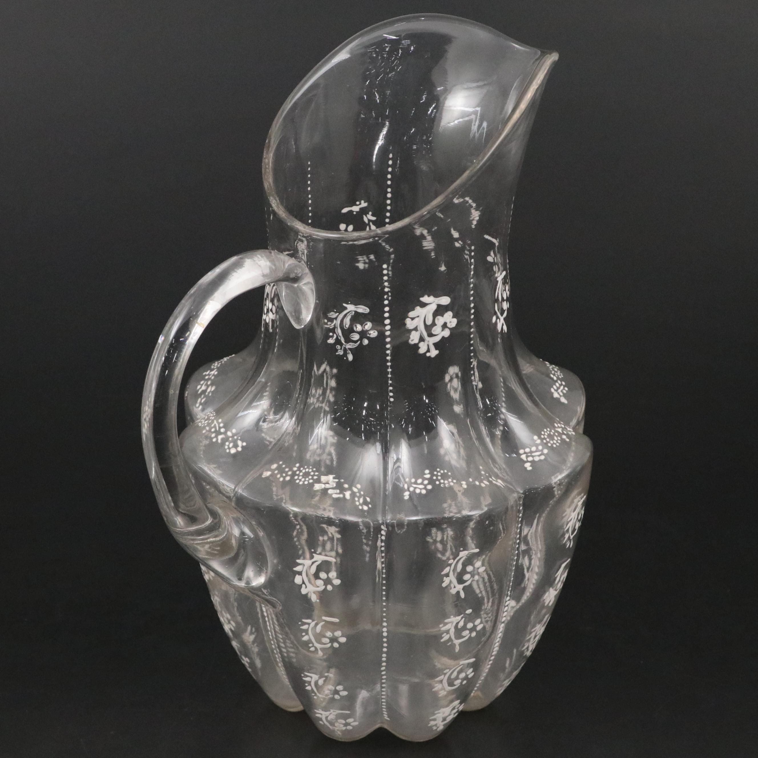 Victorian Mold Blown and Hand-Painted Glass Pitcher with Etched Glass Goblets