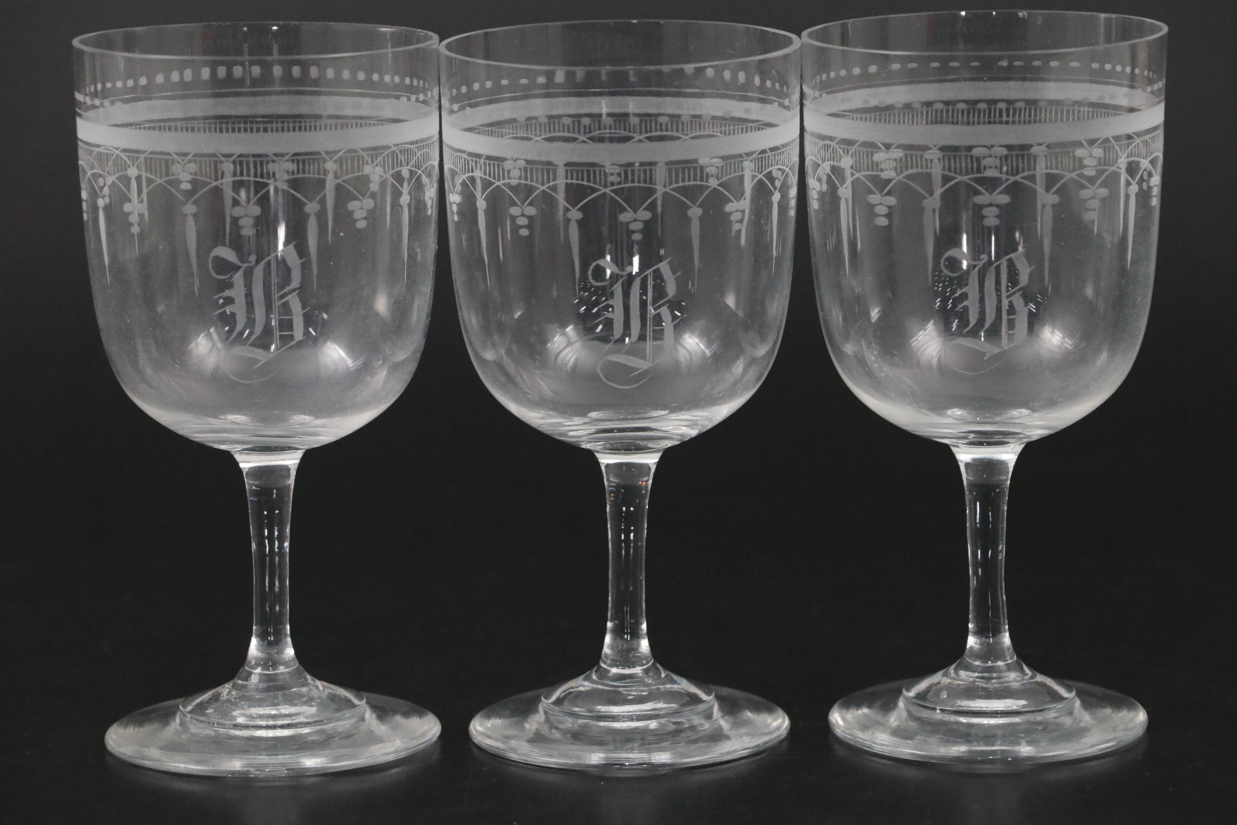 Victorian Mold Blown and Hand-Painted Glass Pitcher with Etched Glass Goblets