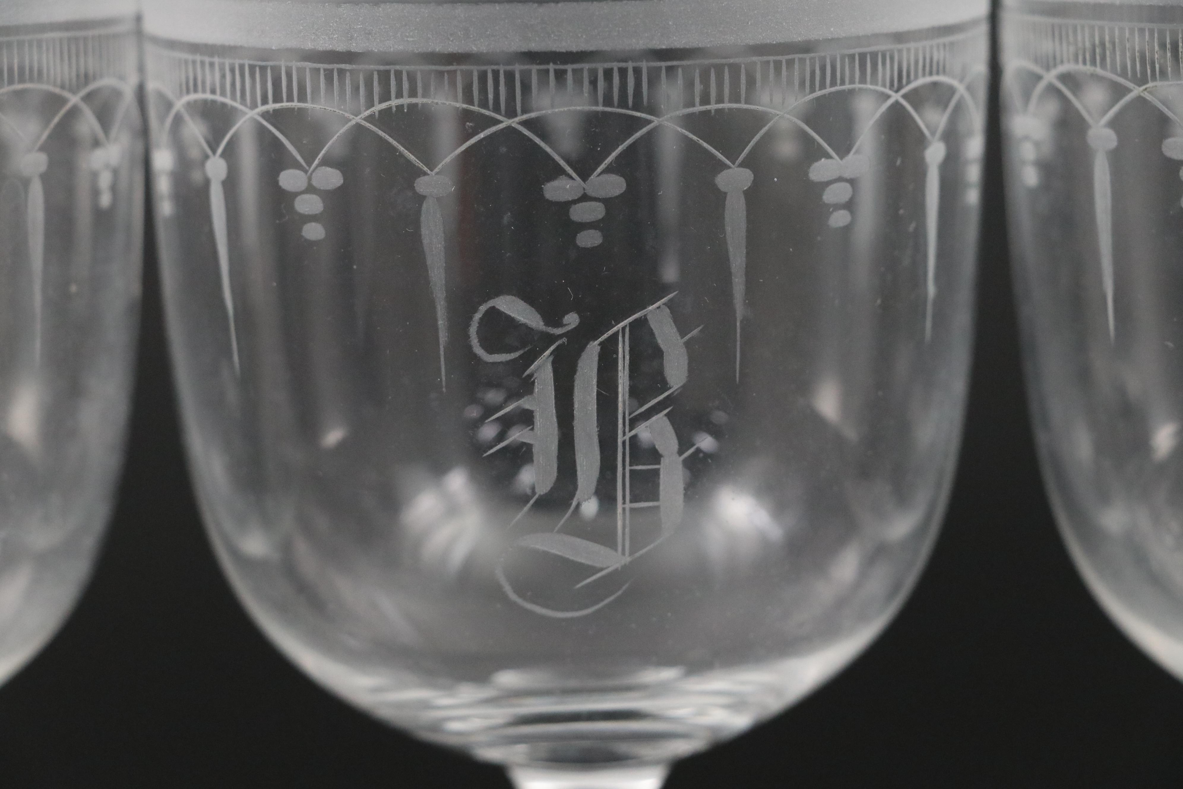 Victorian Mold Blown and Hand-Painted Glass Pitcher with Etched Glass Goblets