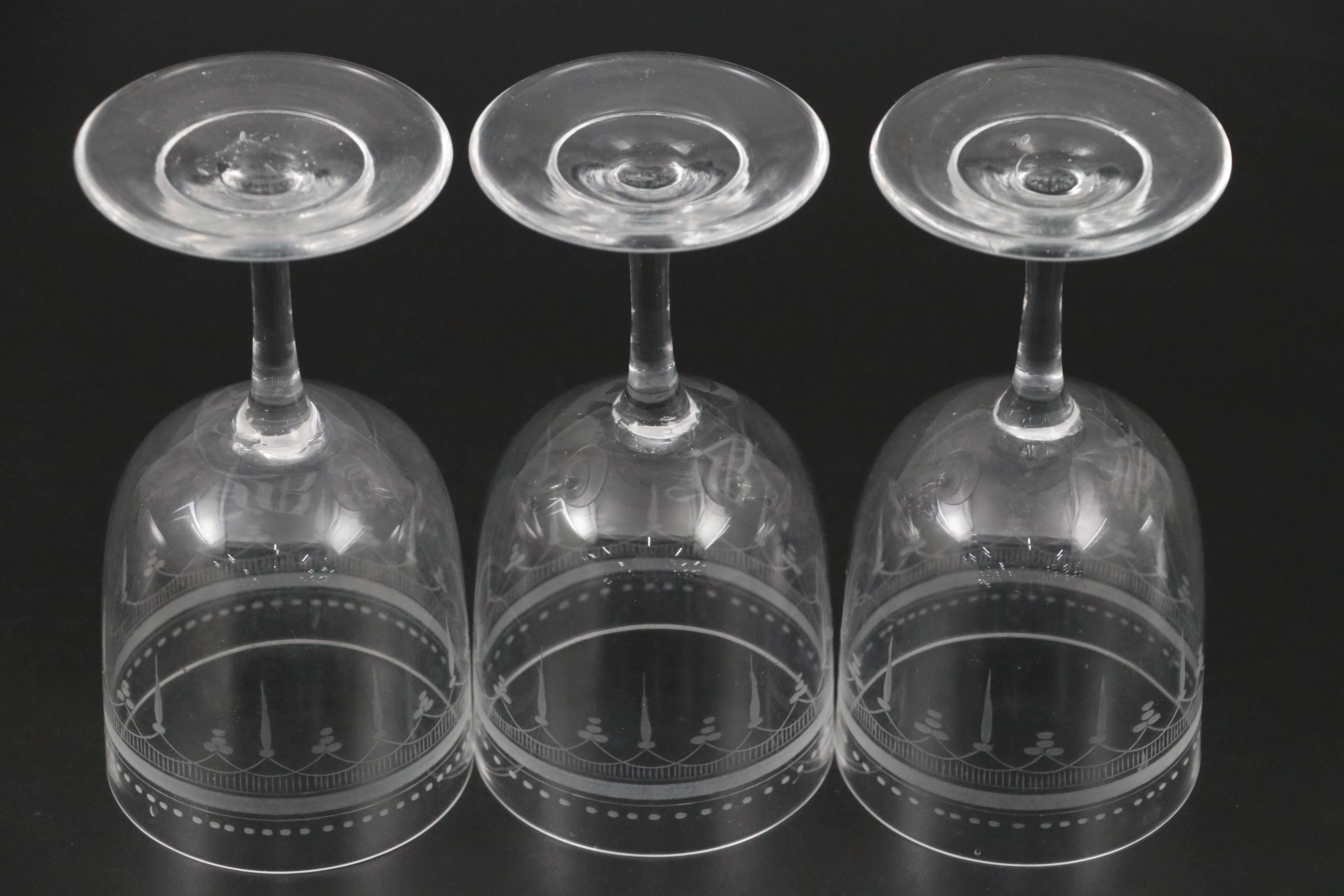 Victorian Mold Blown and Hand-Painted Glass Pitcher with Etched Glass Goblets