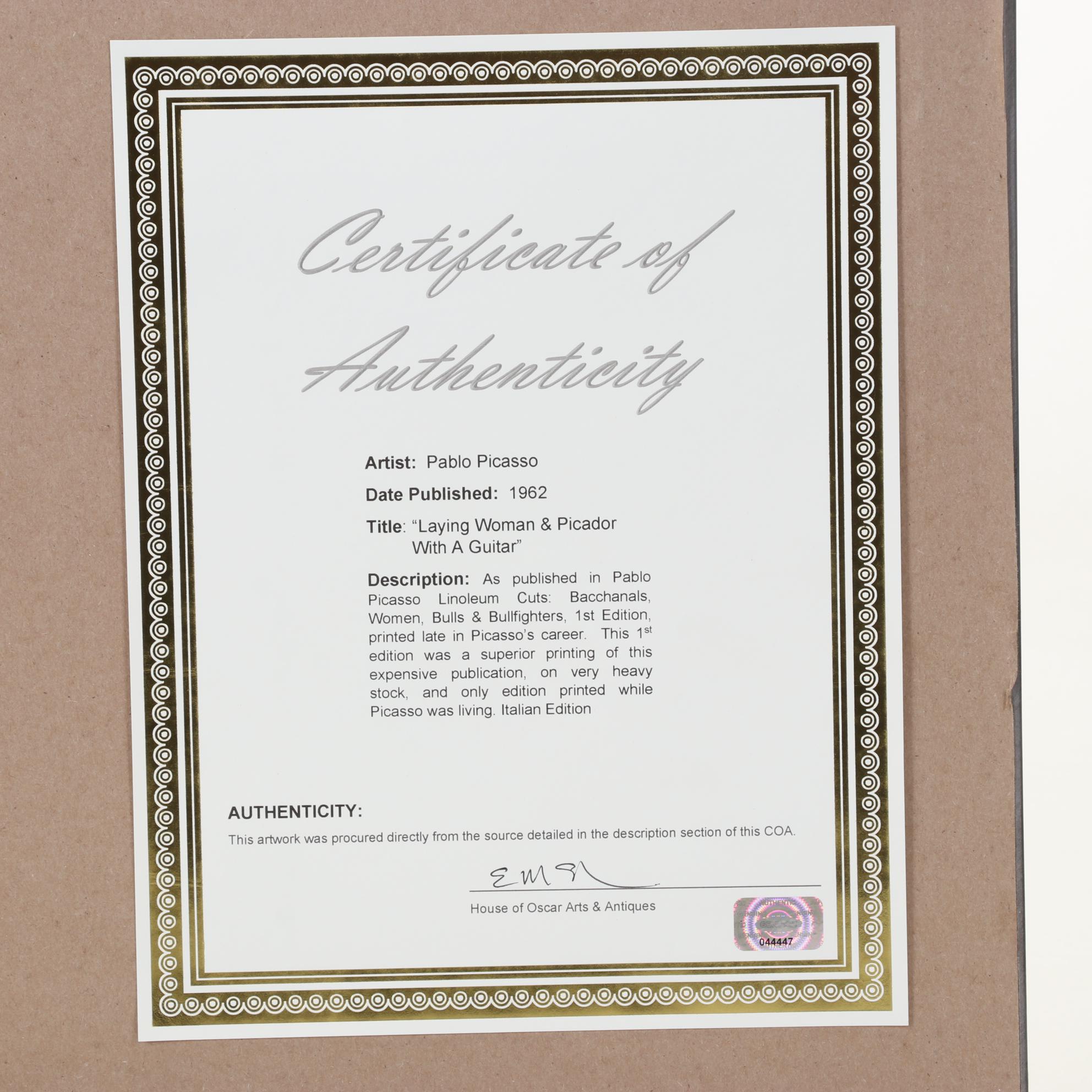 Pablo Picasso Linocut "Reclining Woman and Picador with Guitar," 1962