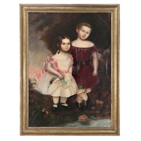 Large-Scale Oil Painting Portrait of Two Young Children with Dog, 19th Century