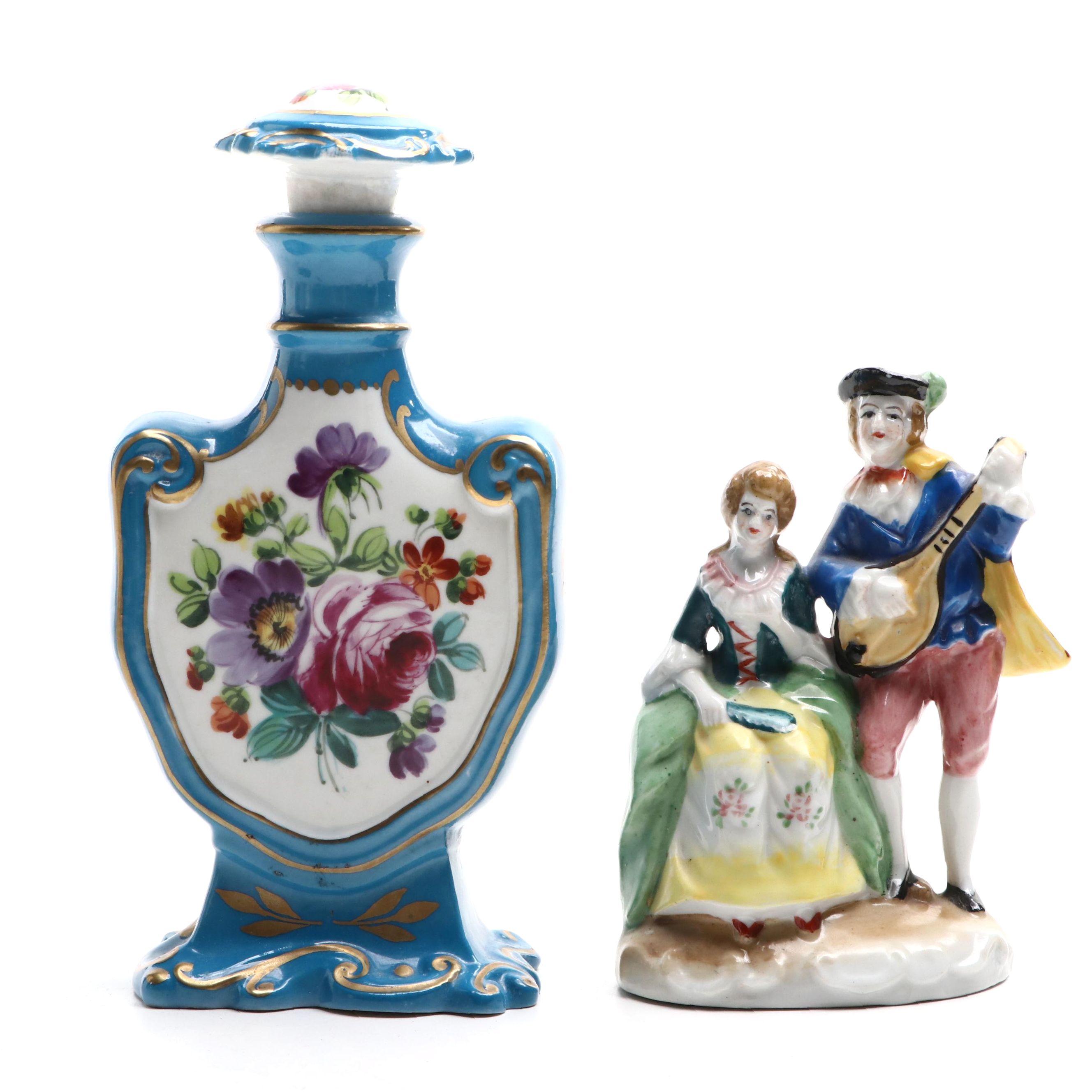 Sèvres Style Porcelain Bleu Céleste Perfume Bottle and Other Figurine
