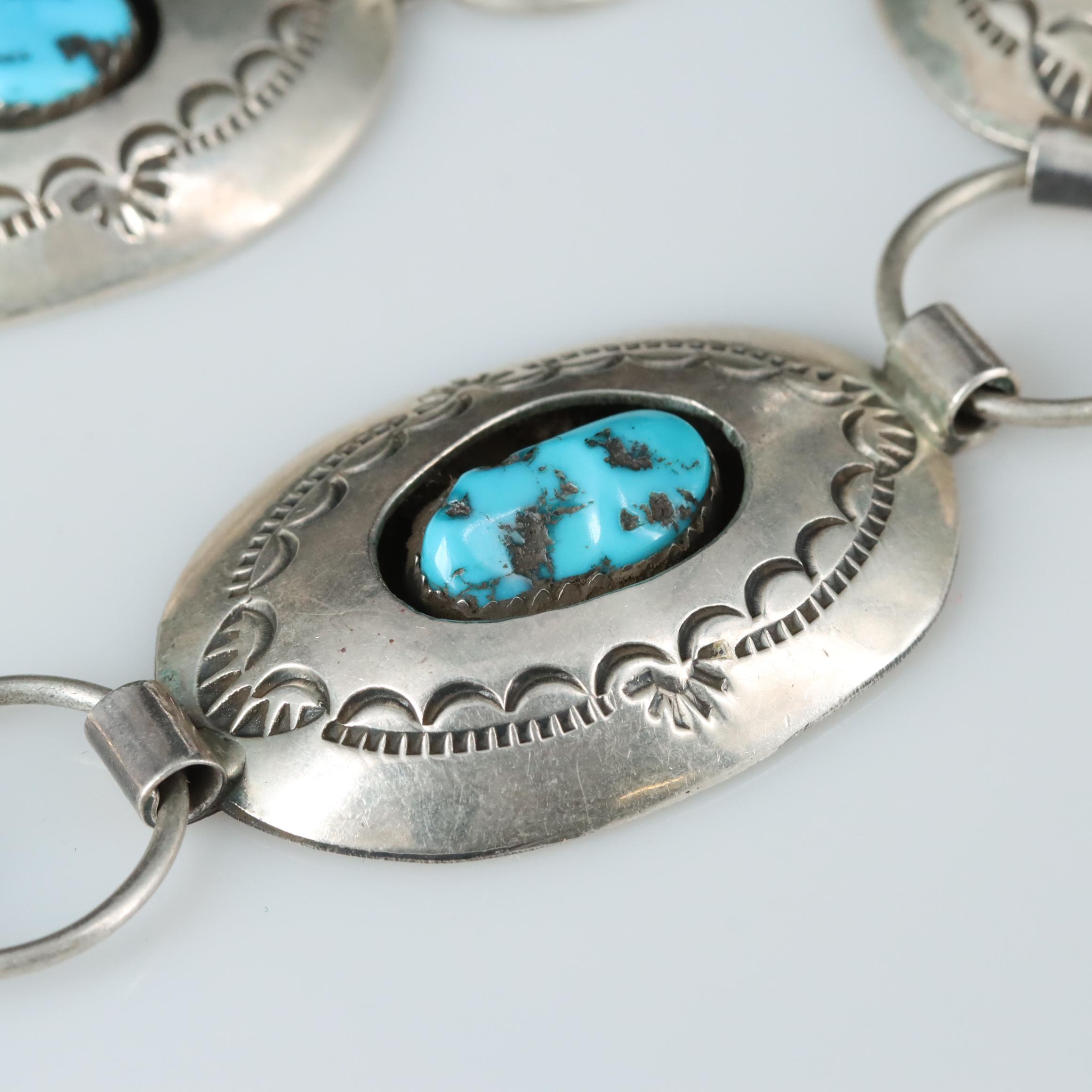 Pauline Benally Navajo Diné Sterling Tuquoise Belt with Stampwork