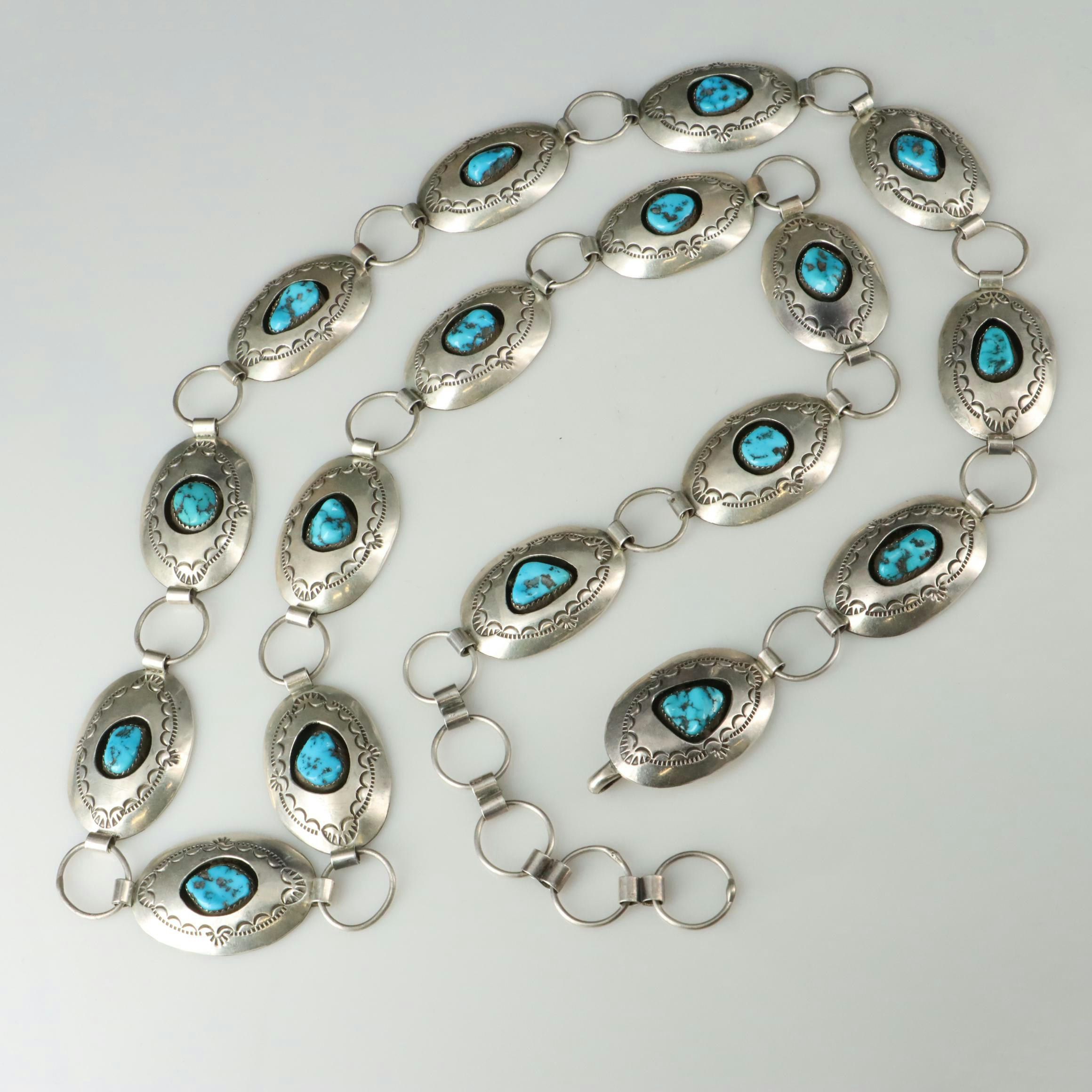 Pauline Benally Navajo Diné Sterling Tuquoise Belt with Stampwork