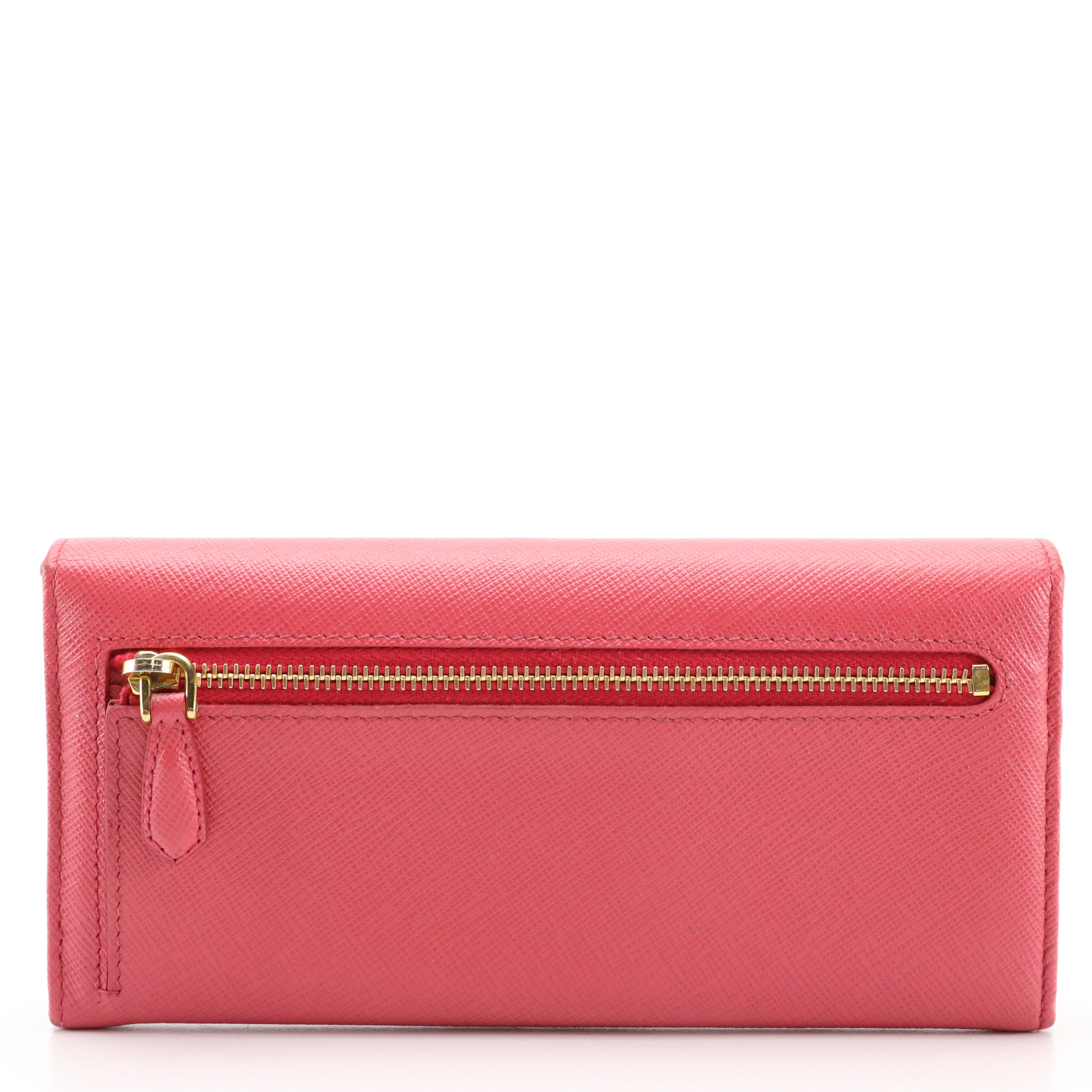 Prada Continental Bow Wallet in Peony Pink Saffiano Leather With Box