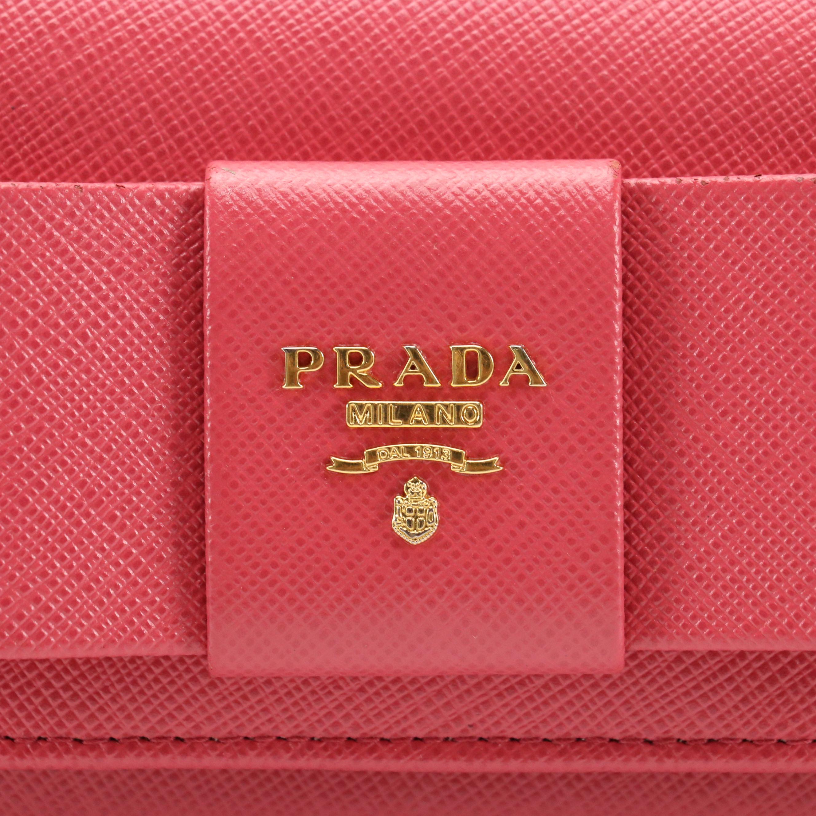 Prada Continental Bow Wallet in Peony Pink Saffiano Leather With Box