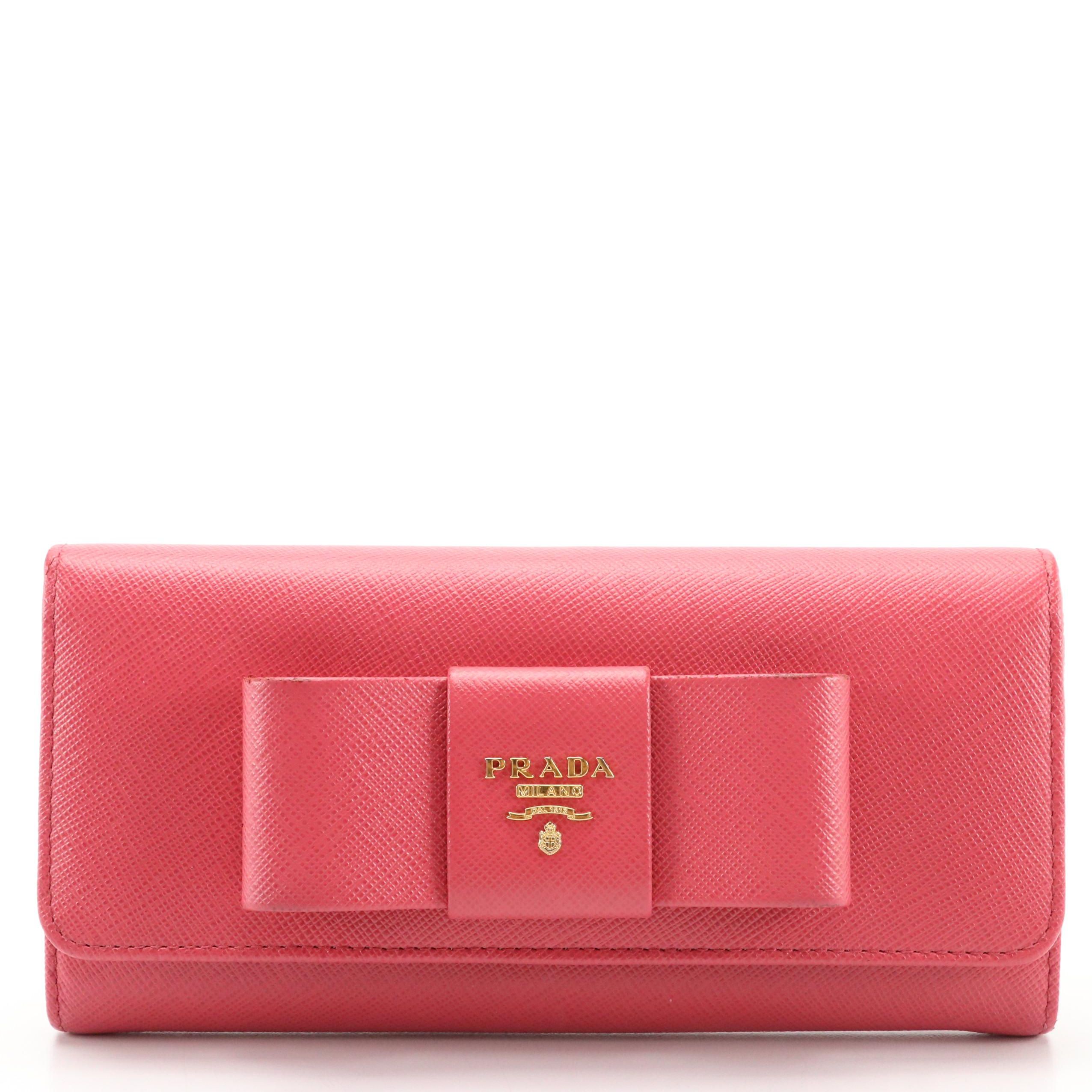 Prada Continental Bow Wallet in Peony Pink Saffiano Leather With Box