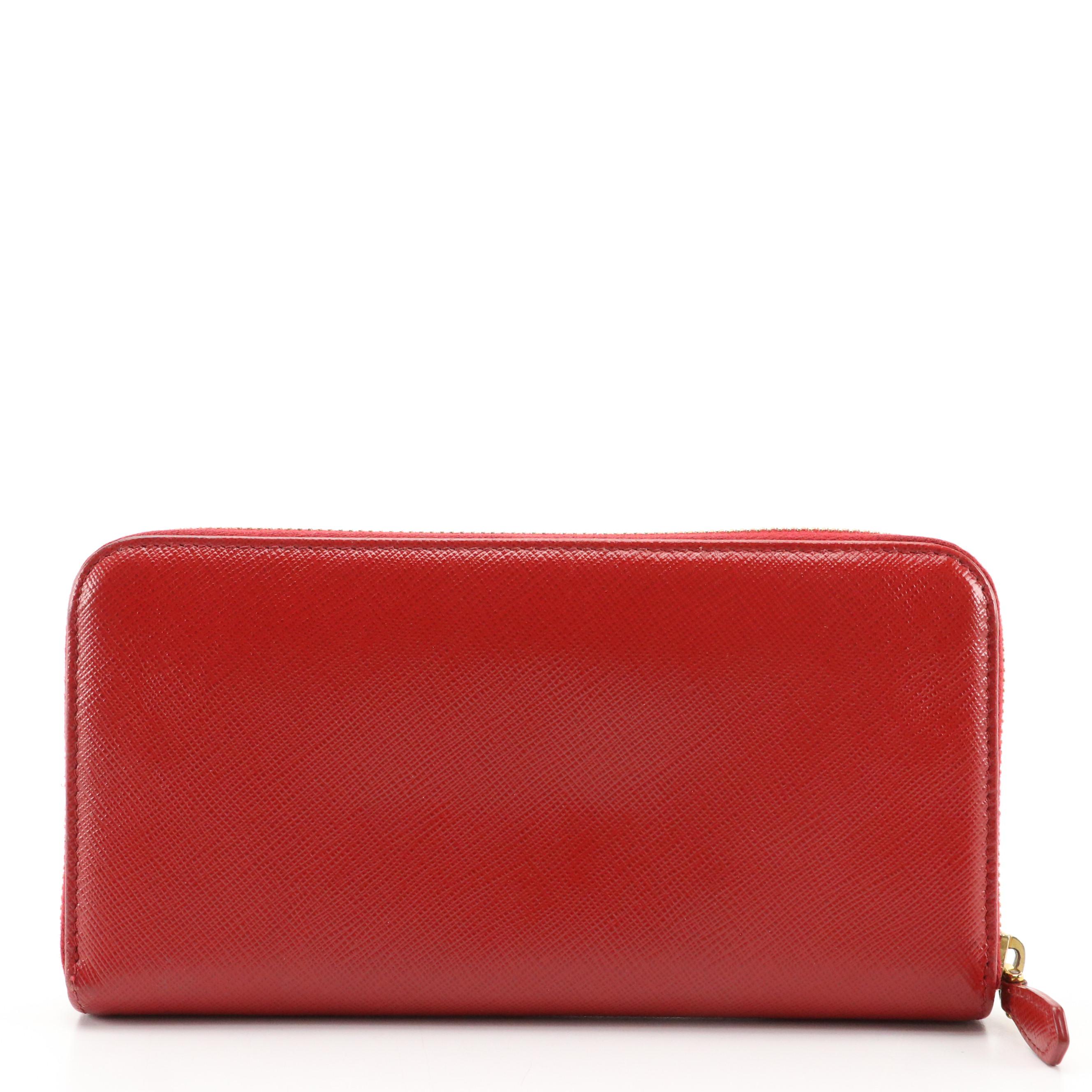 Prada Zip Around Long Wallet in Cherry Red Saffiano Leather