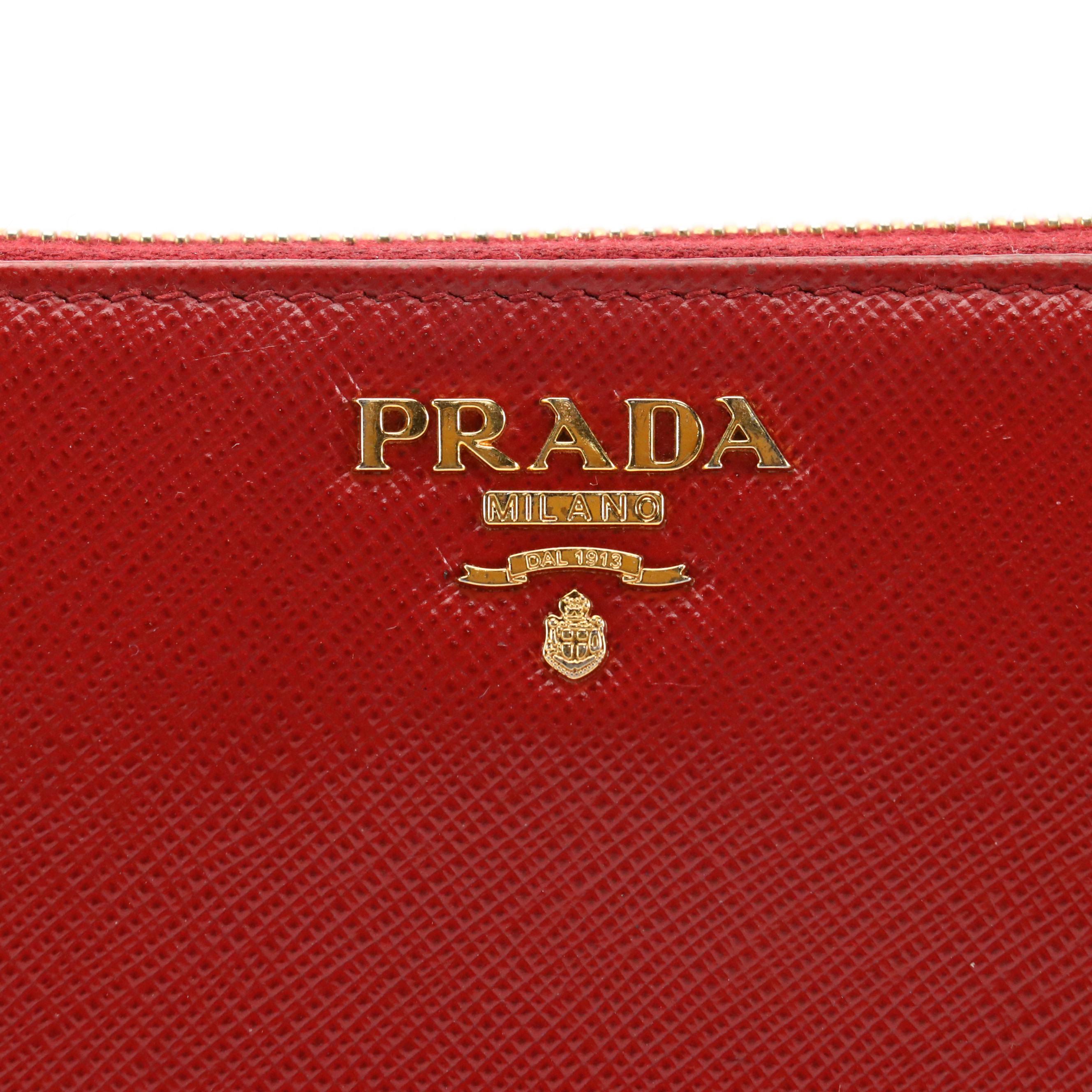 Prada Zip Around Long Wallet in Cherry Red Saffiano Leather