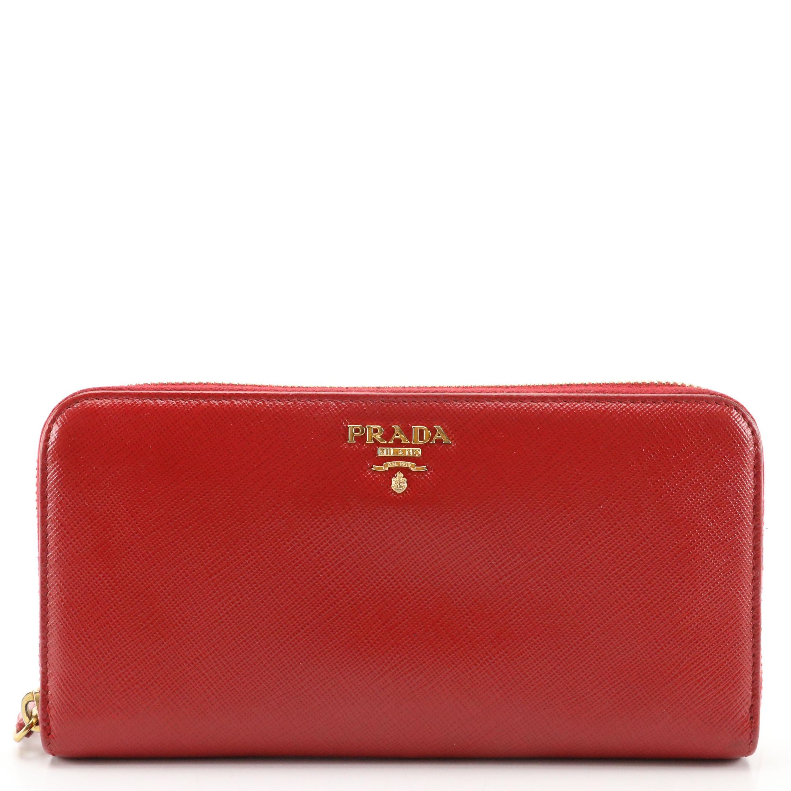 Prada Zip Around Long Wallet in Cherry Red Saffiano Leather