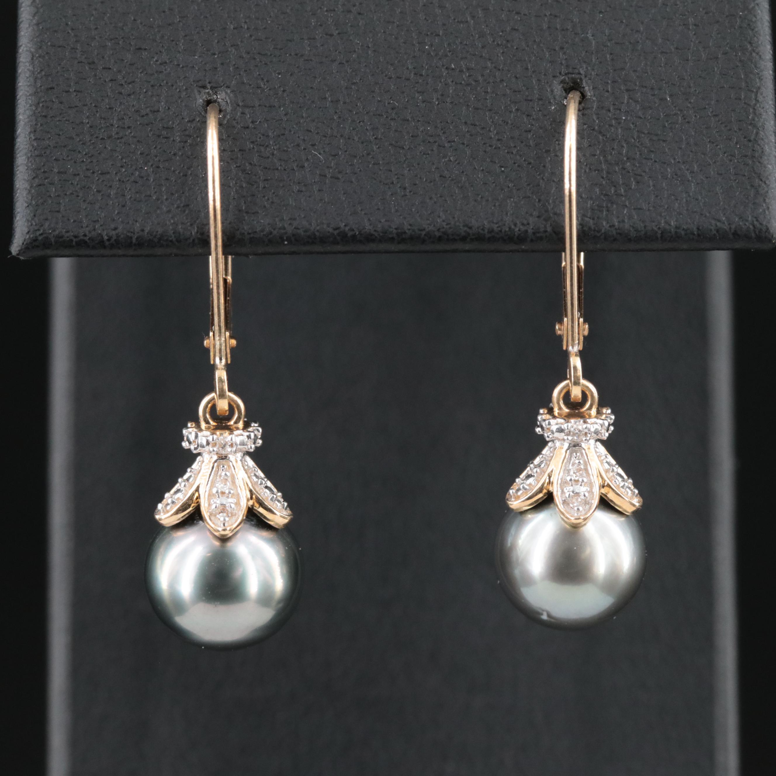 14K Pearl and Diamond Dangle Earrings