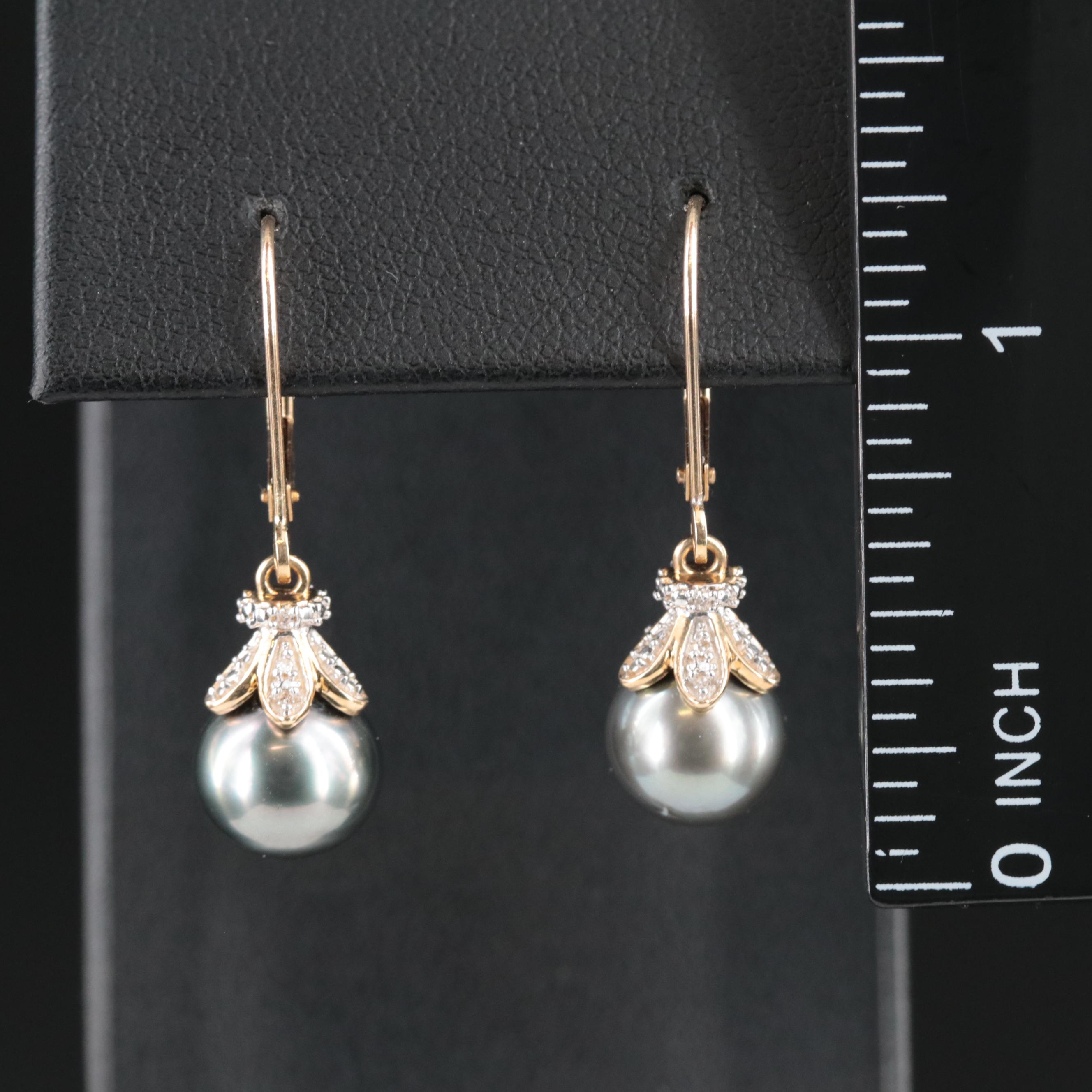 14K Pearl and Diamond Dangle Earrings