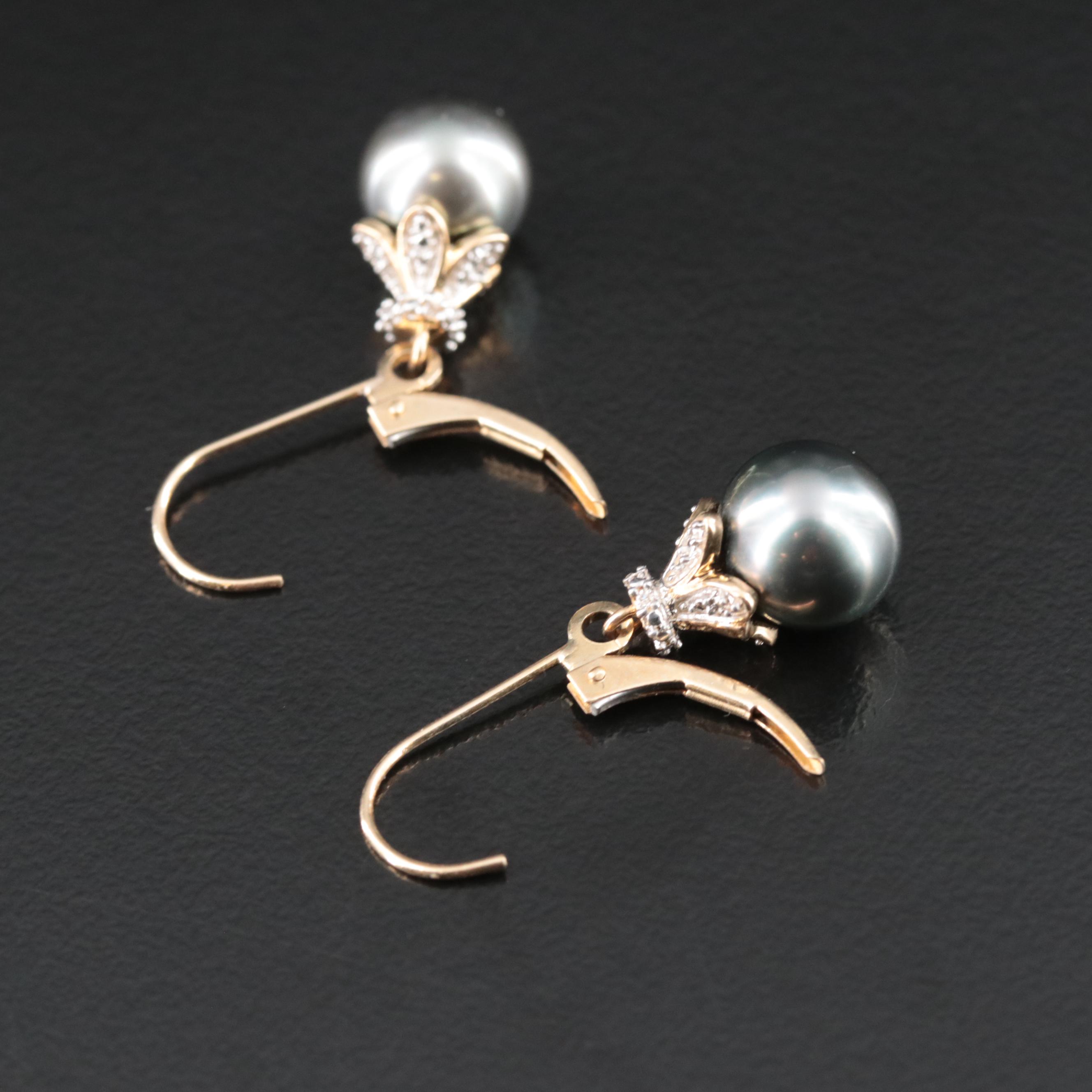 14K Pearl and Diamond Dangle Earrings
