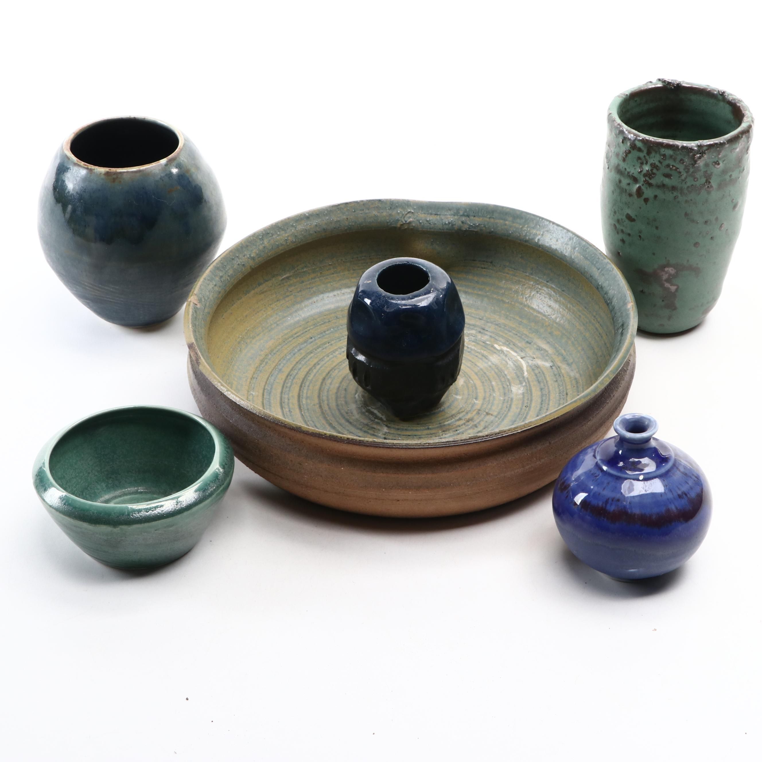 Japanese Wheel Thrown Bowl and Pottery Vases and Planter