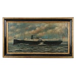Folk Art Style Nautical Oil Painting of Steamboat