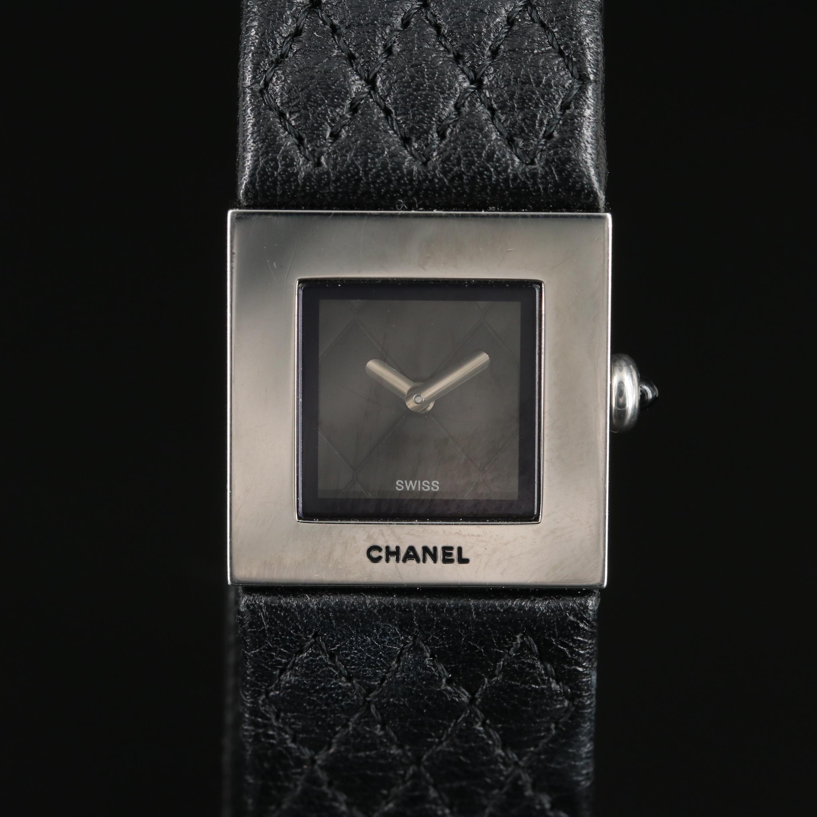 Chanel Stainless Steel and Matelassee Black Dial Quartz Watch