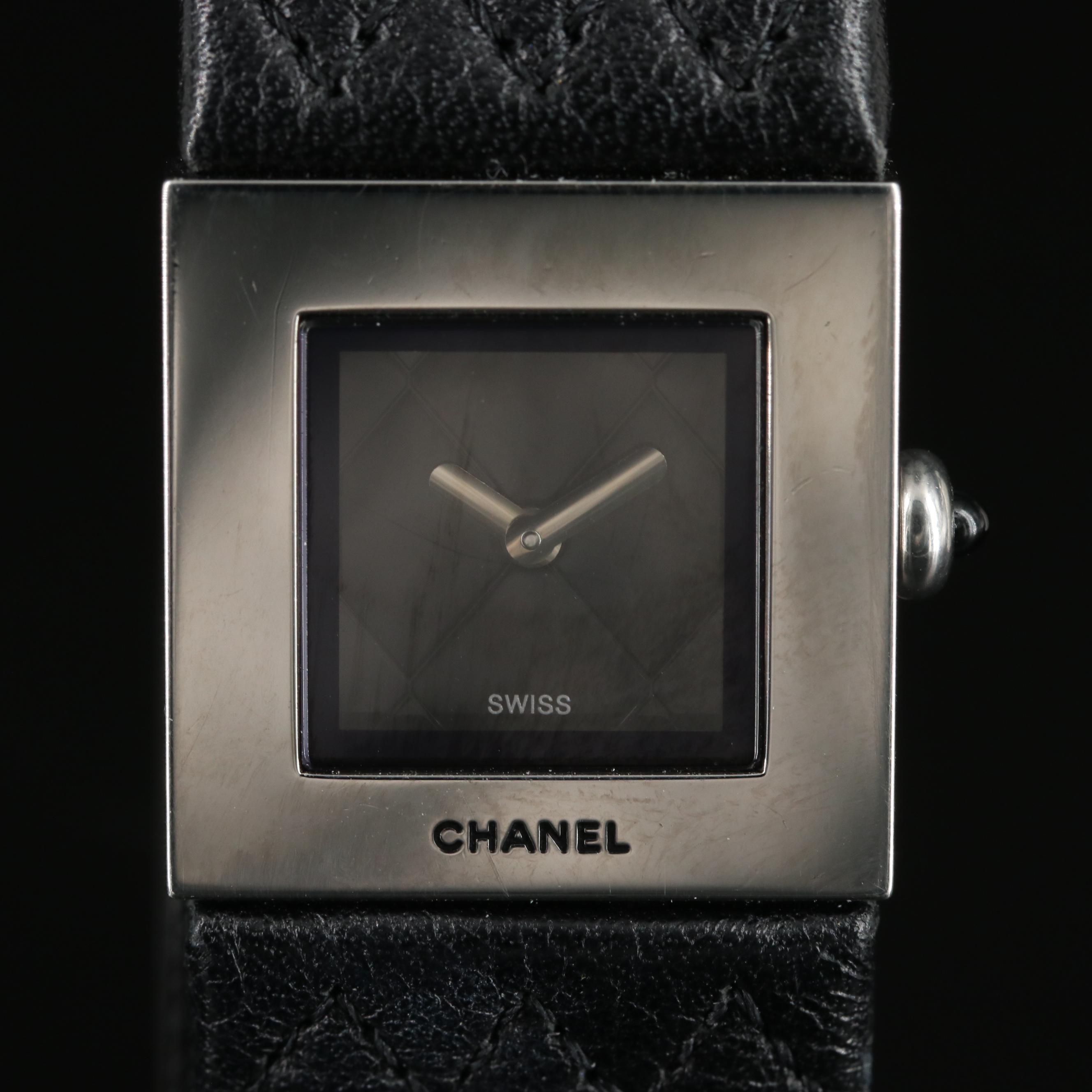 Chanel Stainless Steel and Matelassee Black Dial Quartz Watch