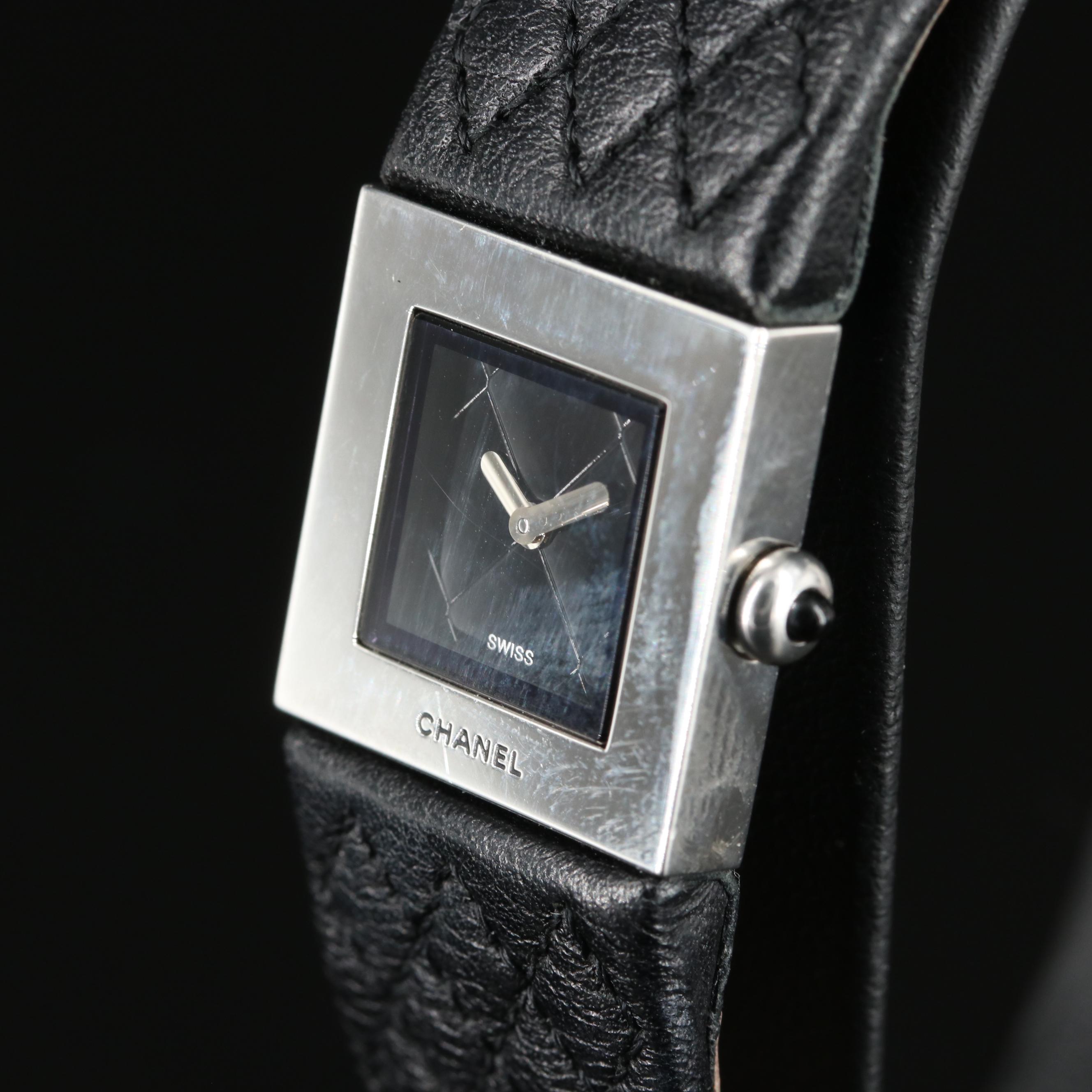 Chanel Stainless Steel and Matelassee Black Dial Quartz Watch
