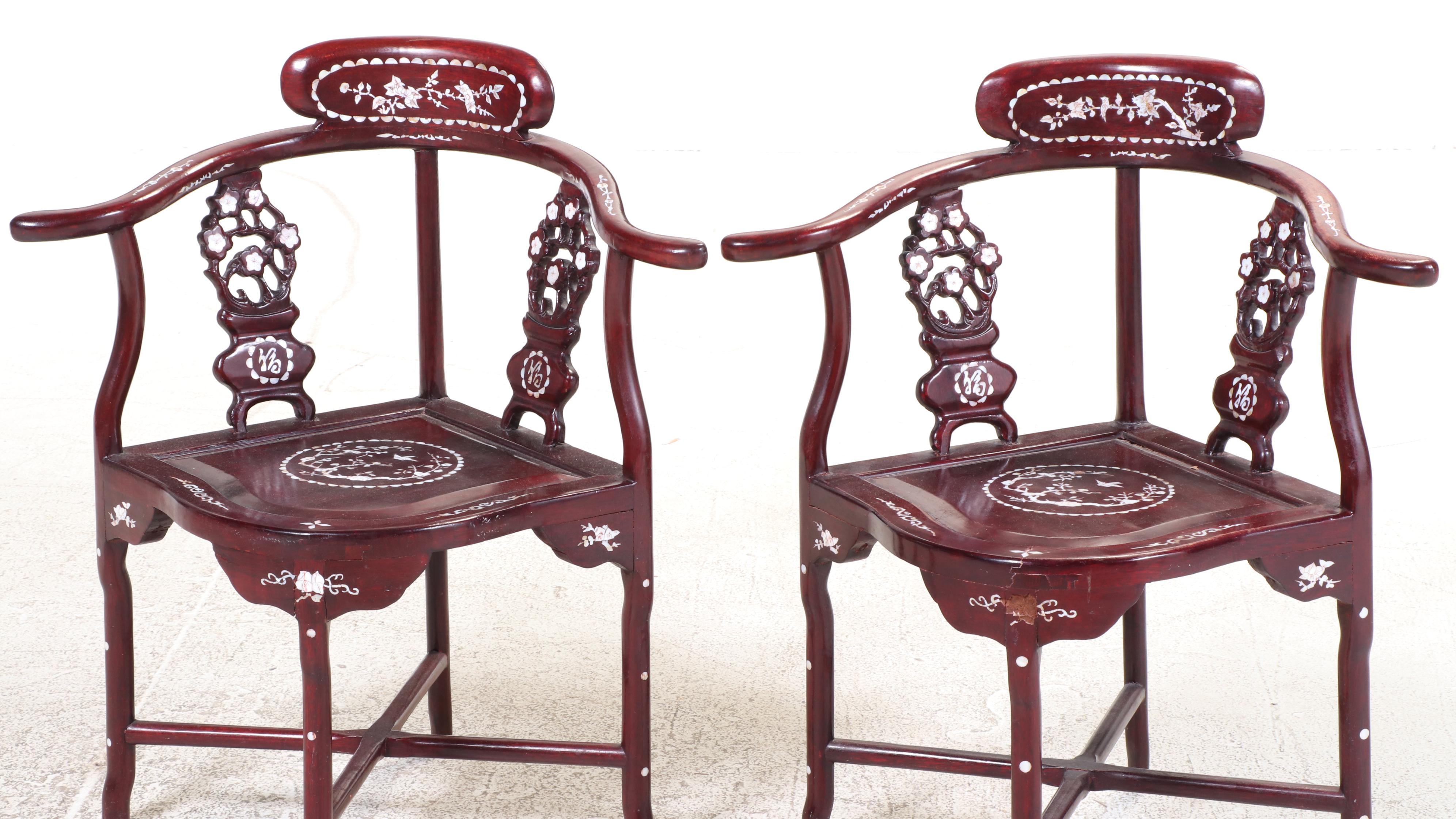 Pair of Chinese Shell-Inlaid Rosewood Armchairs