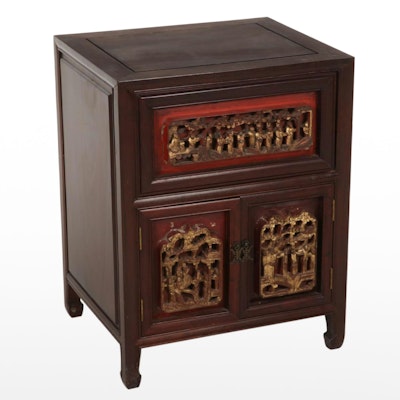 Chinese Red Lacquered and Parcel-Gilt Carved Hardwood Side Cabinet, 20th Century