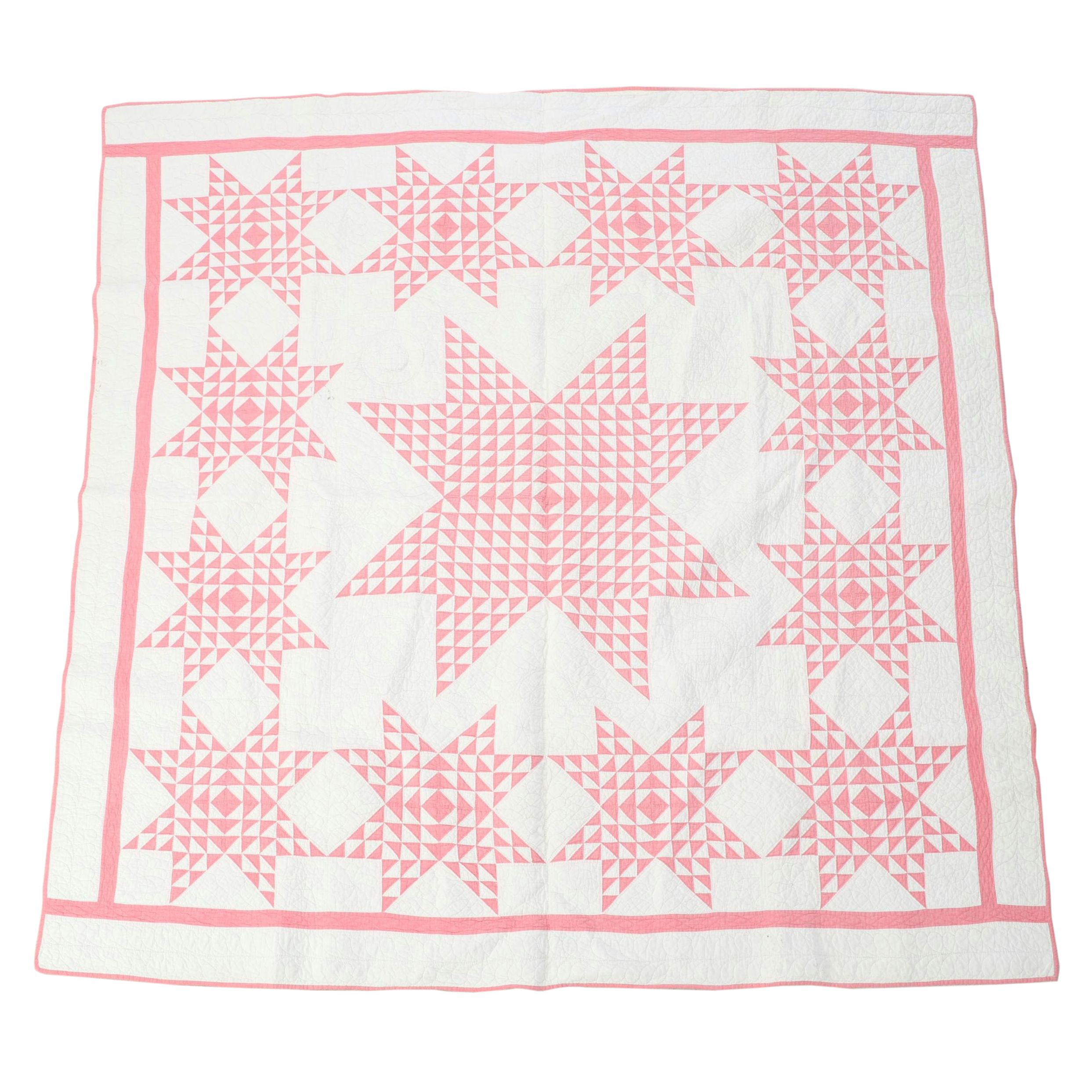 Hand-Pieced White and Pink Eight Point Star Quilt