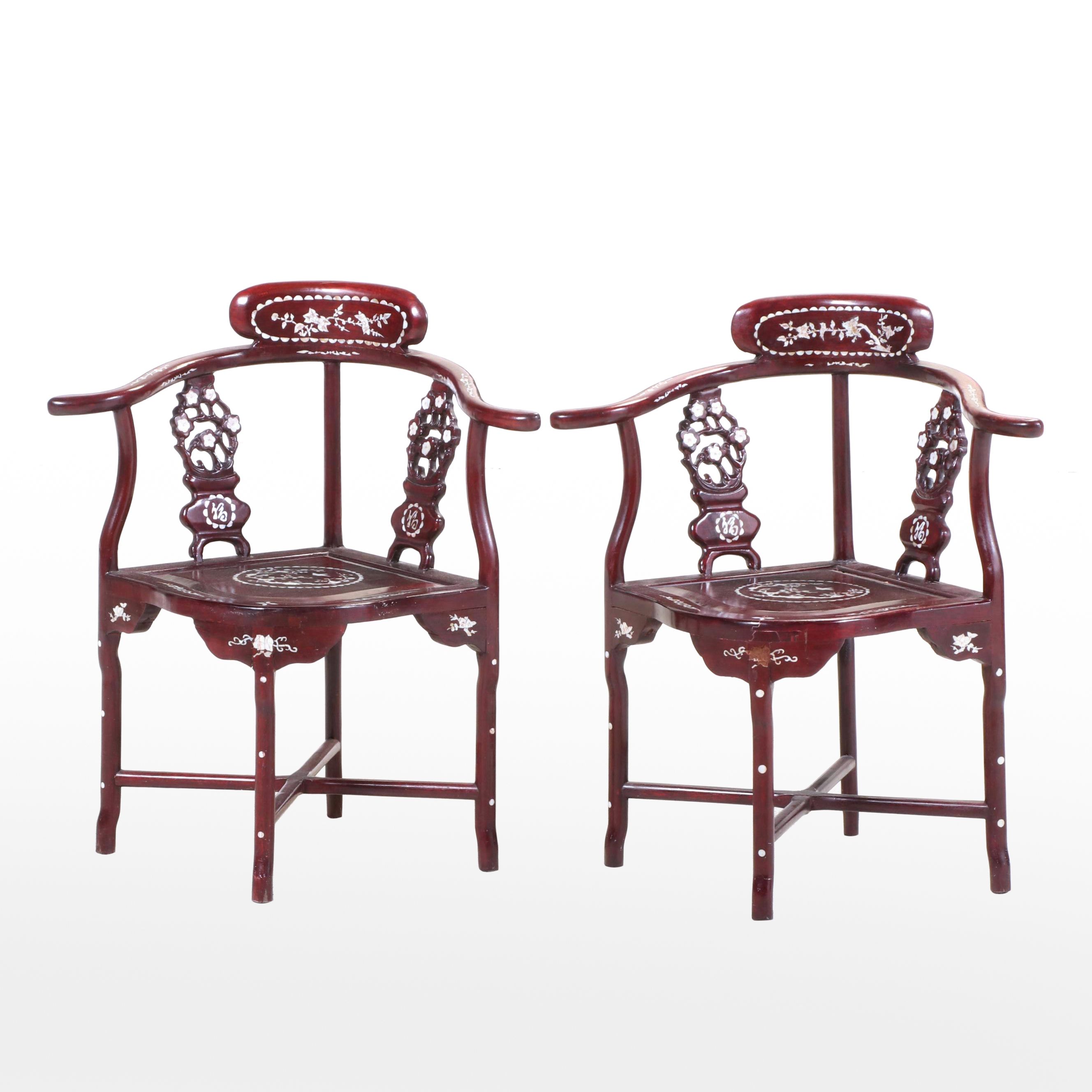 Pair of Chinese Shell-Inlaid Rosewood Armchairs