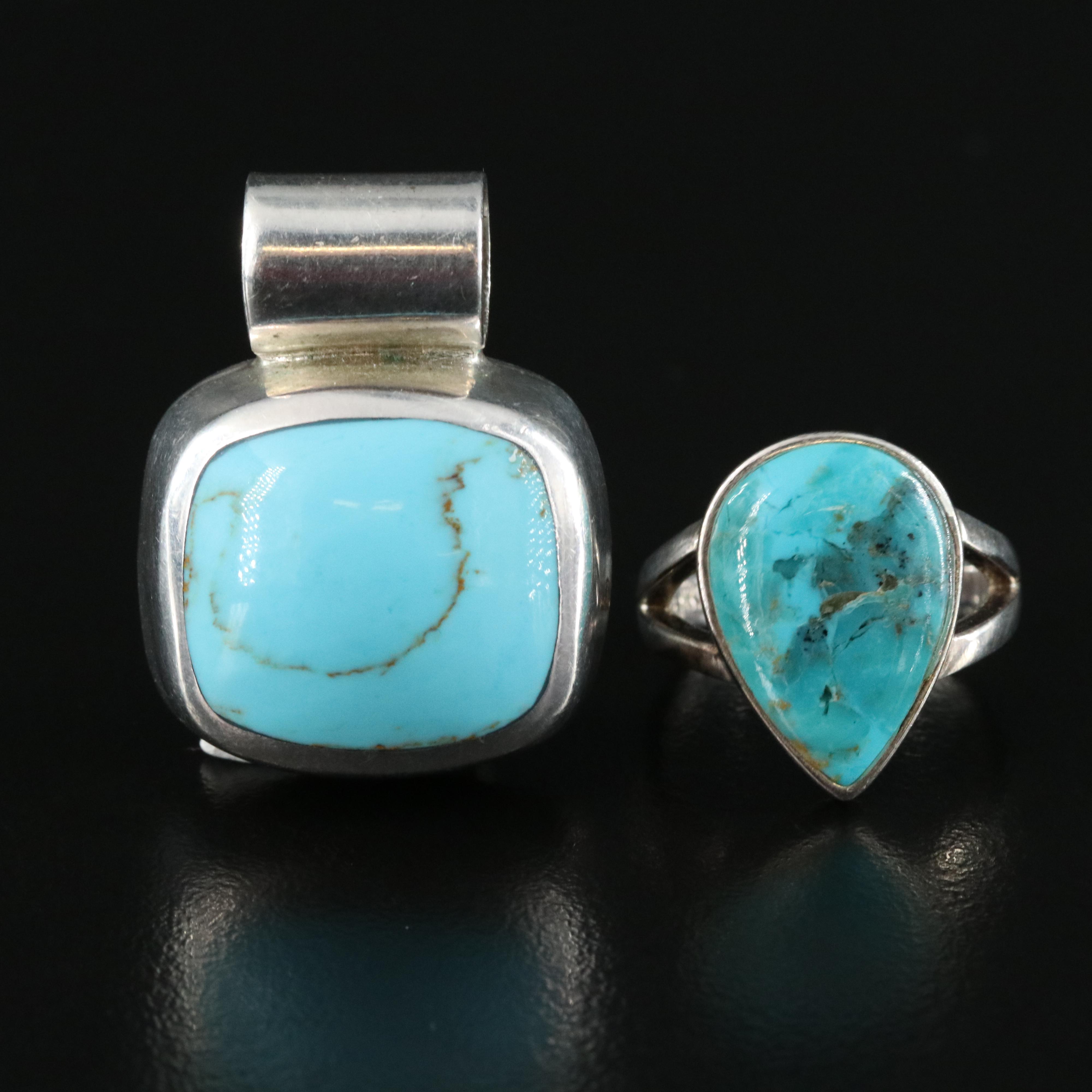 Sterling Composite Turquoise and Imitation Turquoise Ring and Slide Pendant