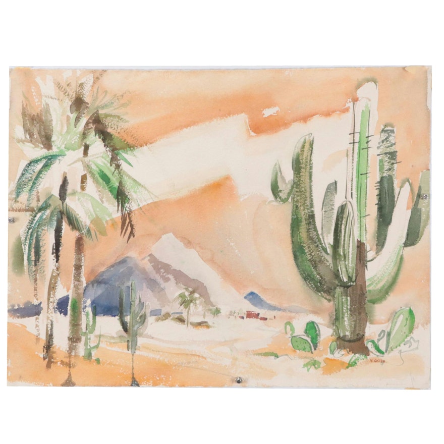 V. Childe Watercolor Painting of Landscape with Cactus