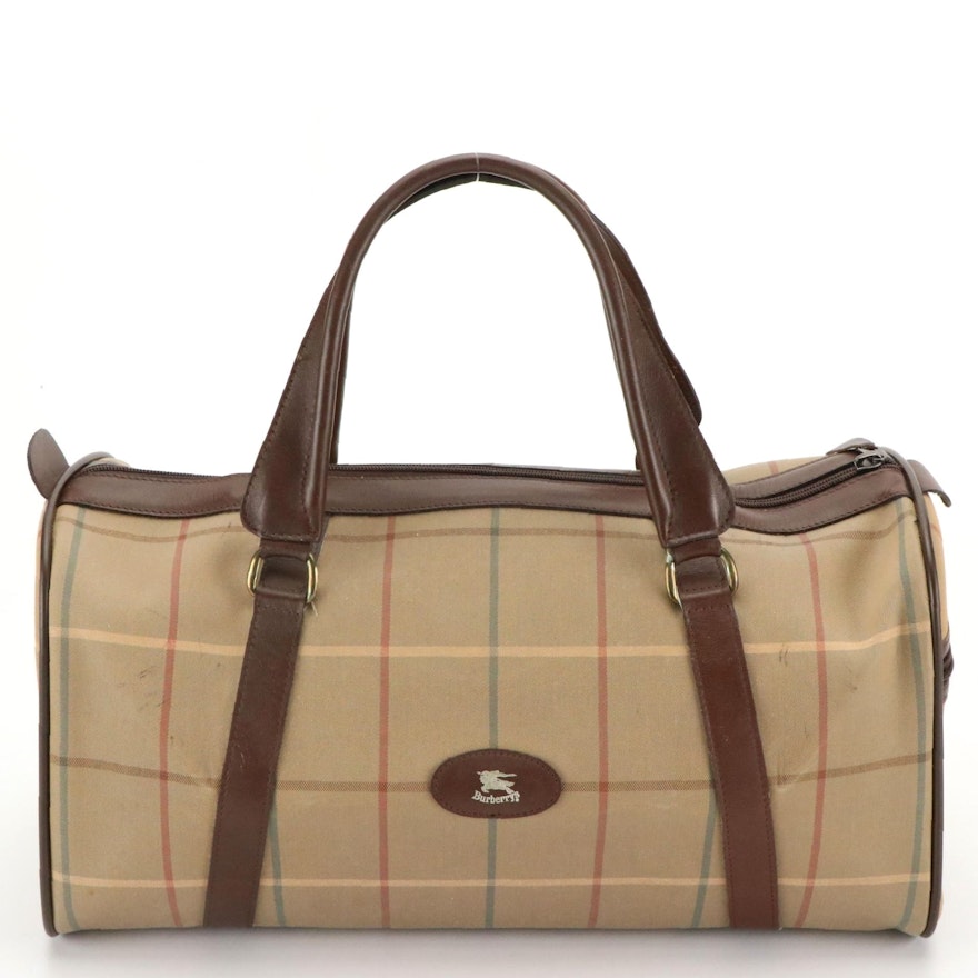 Burberrys Large Boston Bag in Haymarket Check Gabardine and Brown Leather