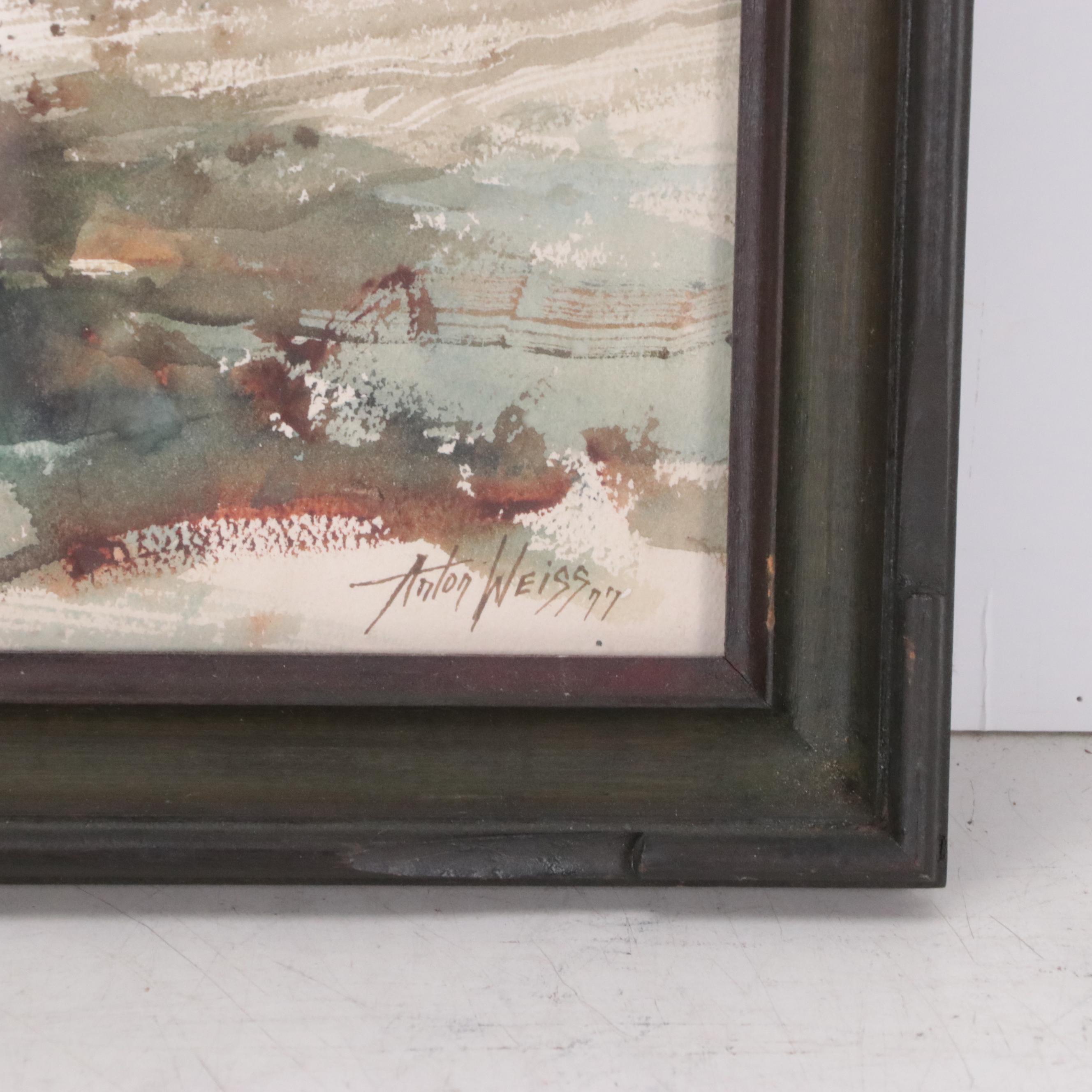 Anton Weiss Watercolor Painting of Abstract Landscape, 1977