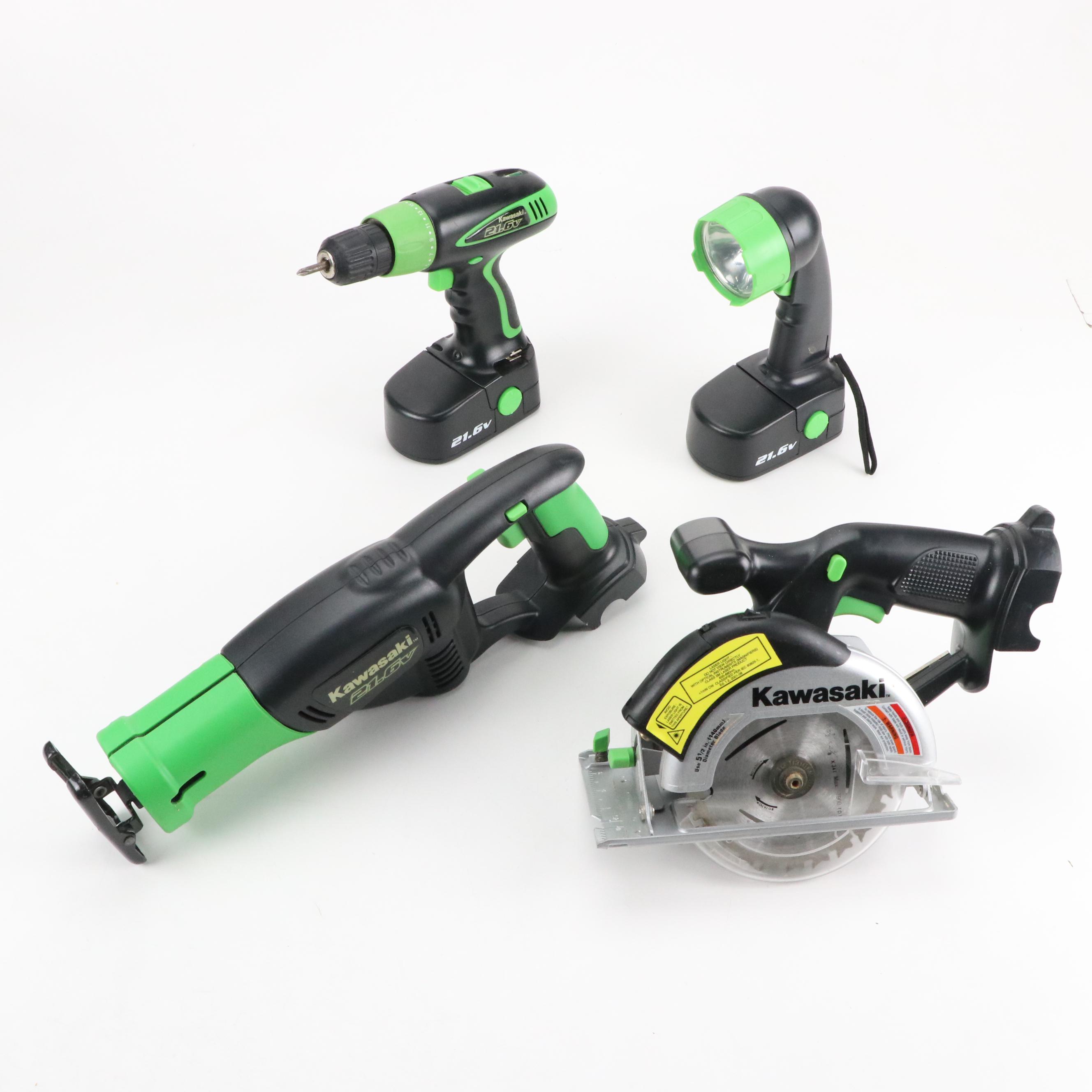 Kawasaki Cordless Drill, Reciprocating Saw, Circular Saw and Flashlight, Case