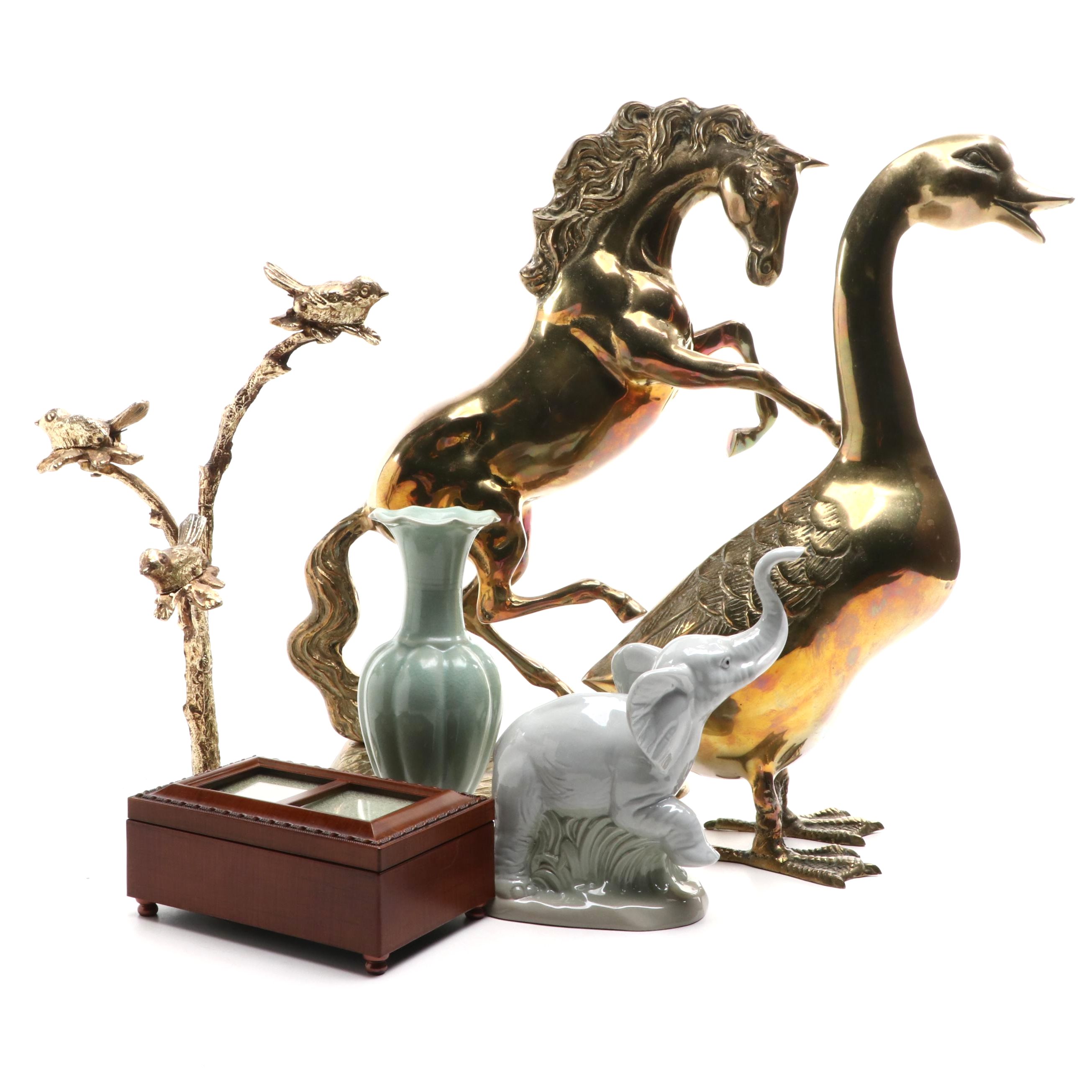 Sankyo Resin Music Box, M. Requena Porcelain Elephant Figurine and More