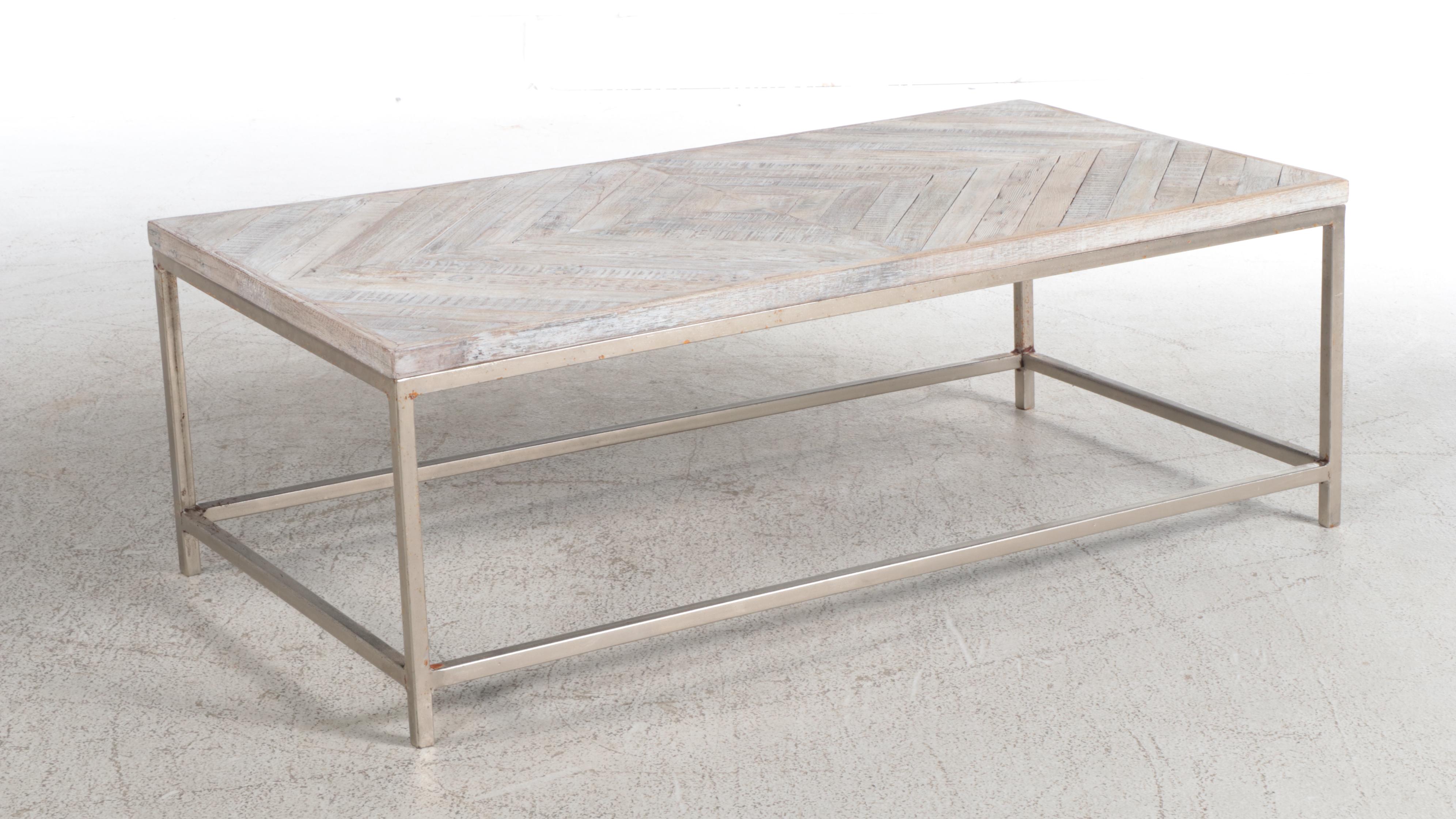 Contemporary White-Washed Wood and Metal Coffee Table