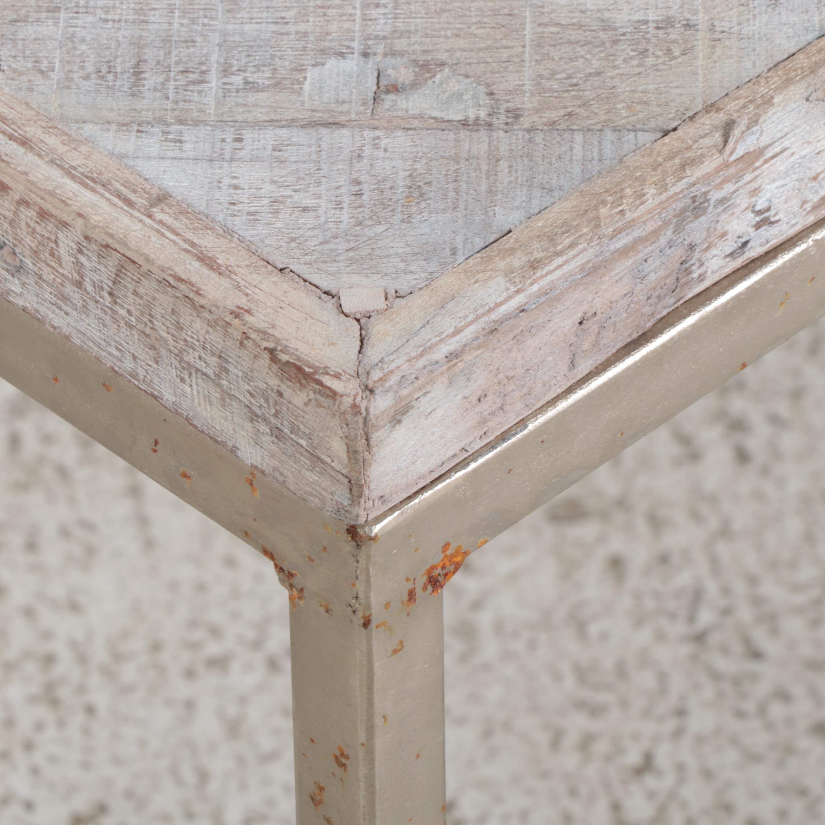 Contemporary White-Washed Wood and Metal Coffee Table