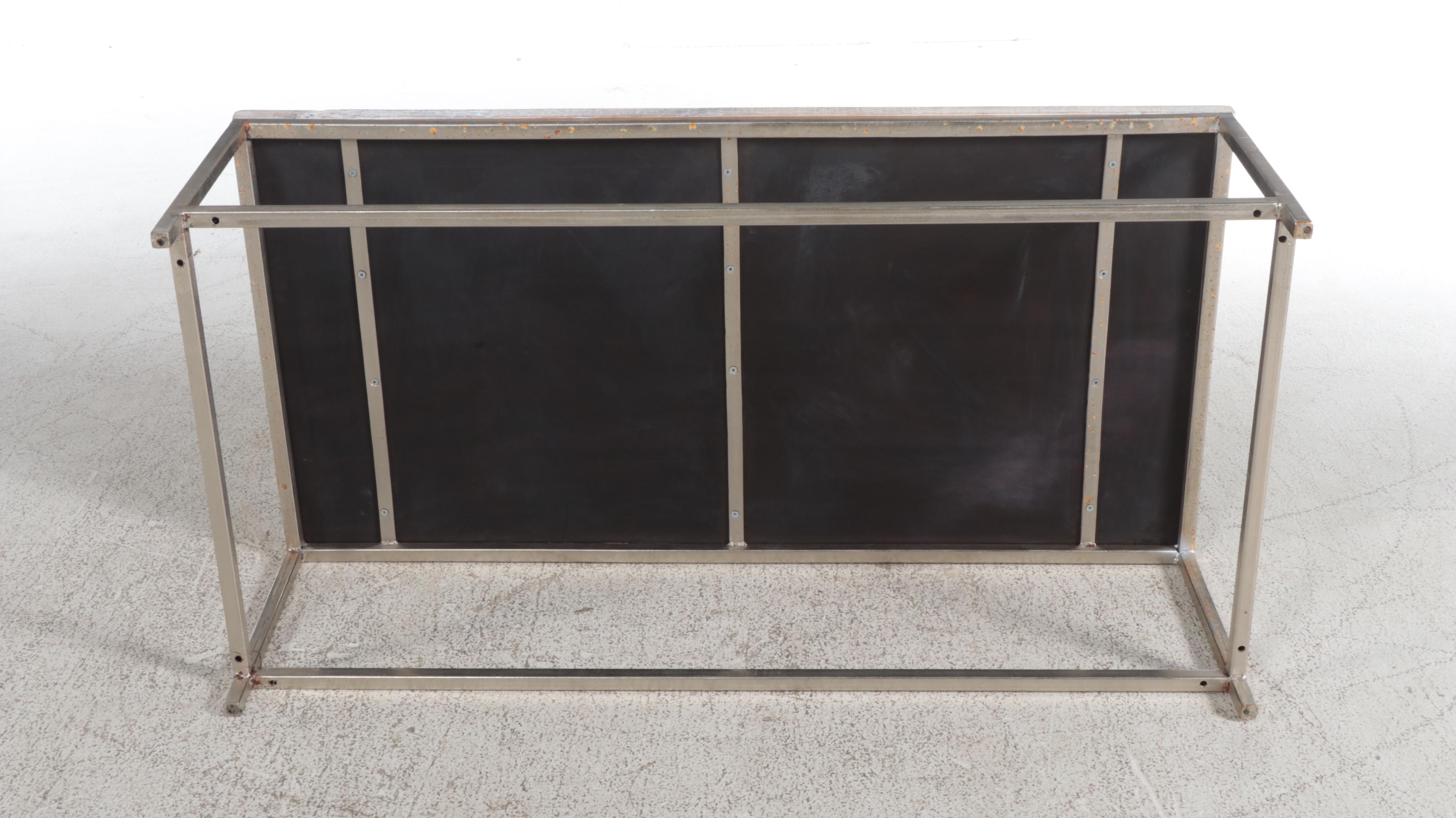 Contemporary White-Washed Wood and Metal Coffee Table