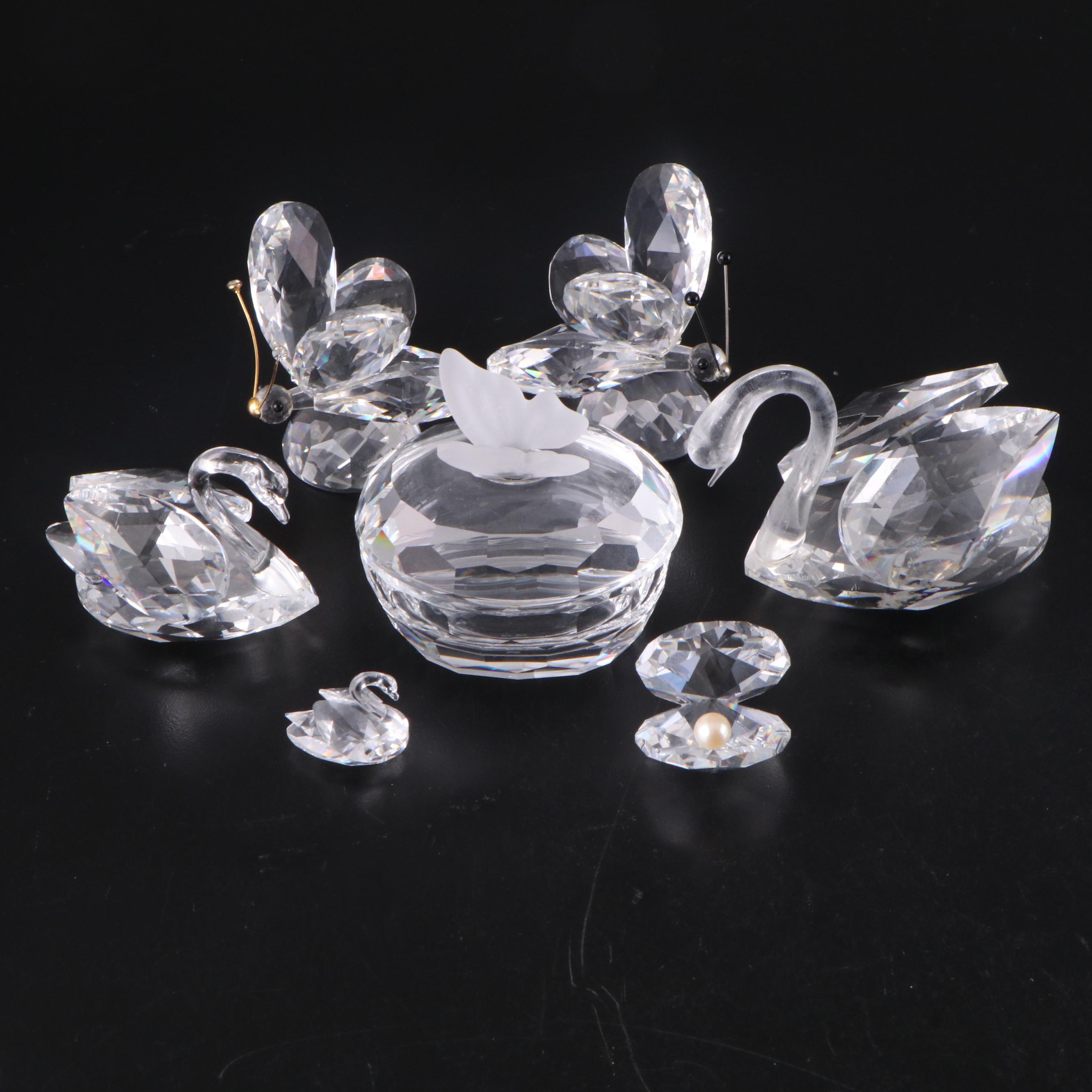 Swarovski Crystal Butterfly Box with Swans and Other Figurines